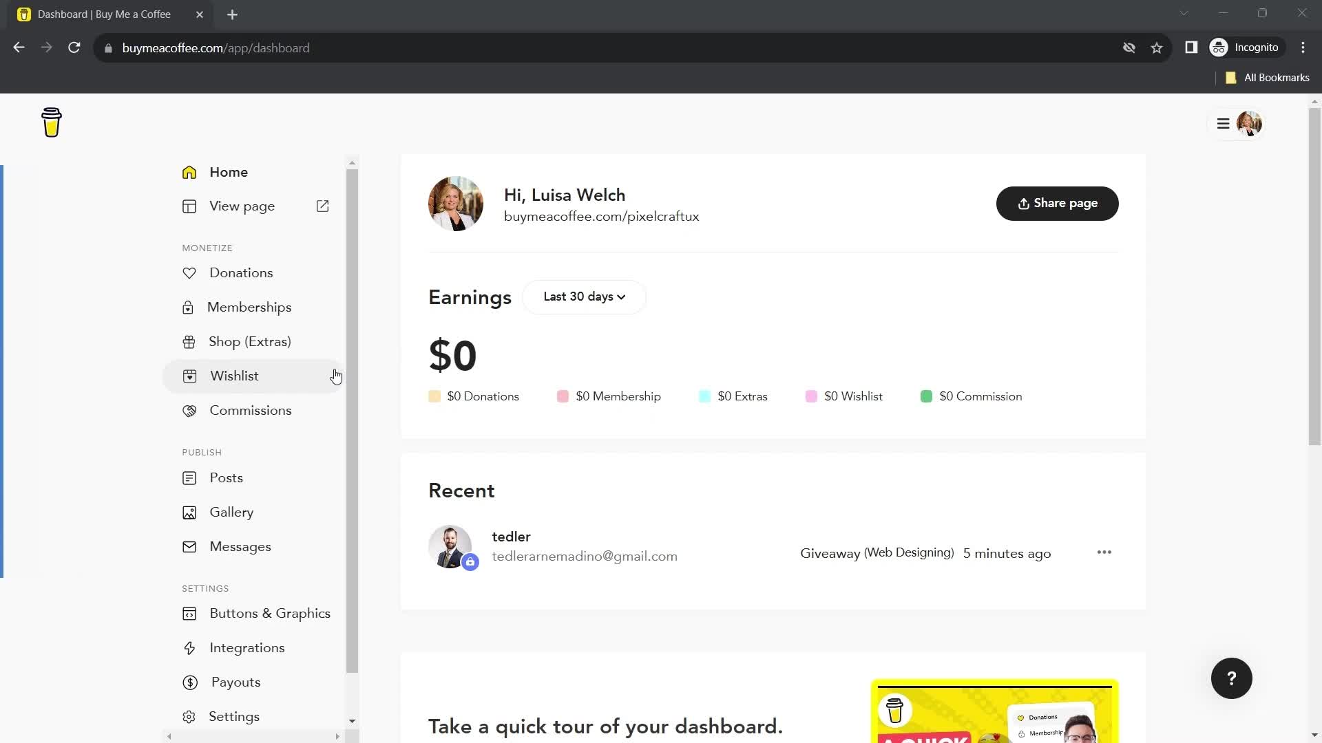 Buy Me a Coffee dashboard screenshot