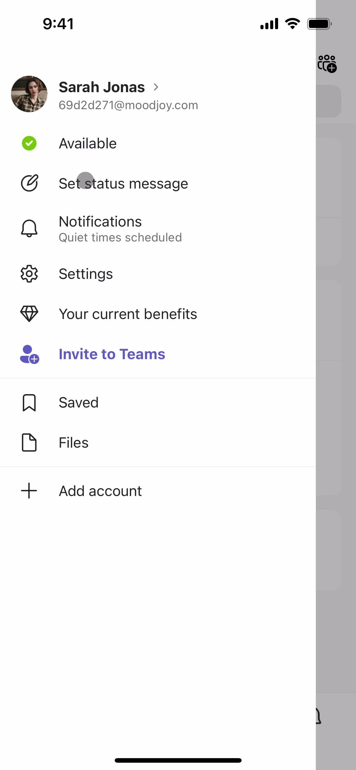 Microsoft Teams account menu screenshot