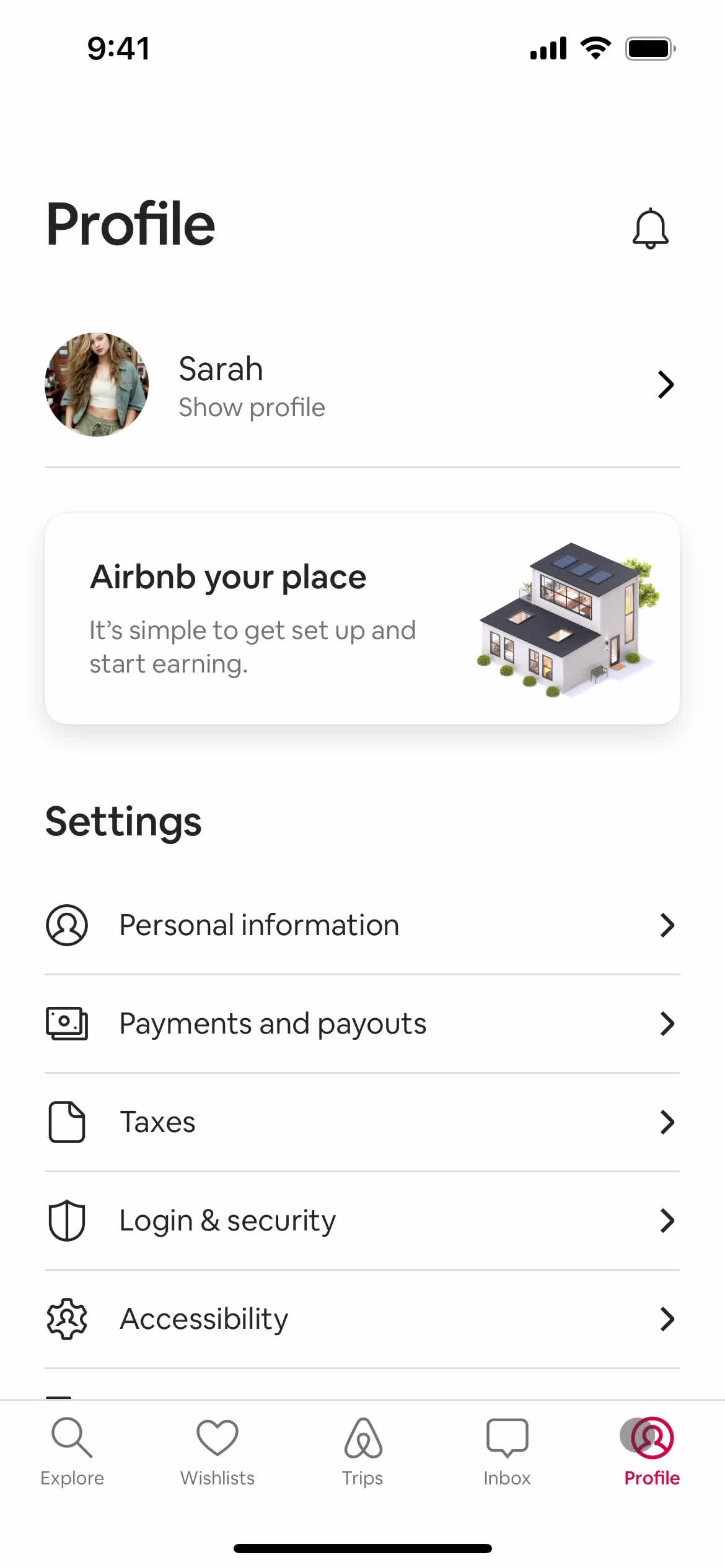 Airbnb account menu screenshot