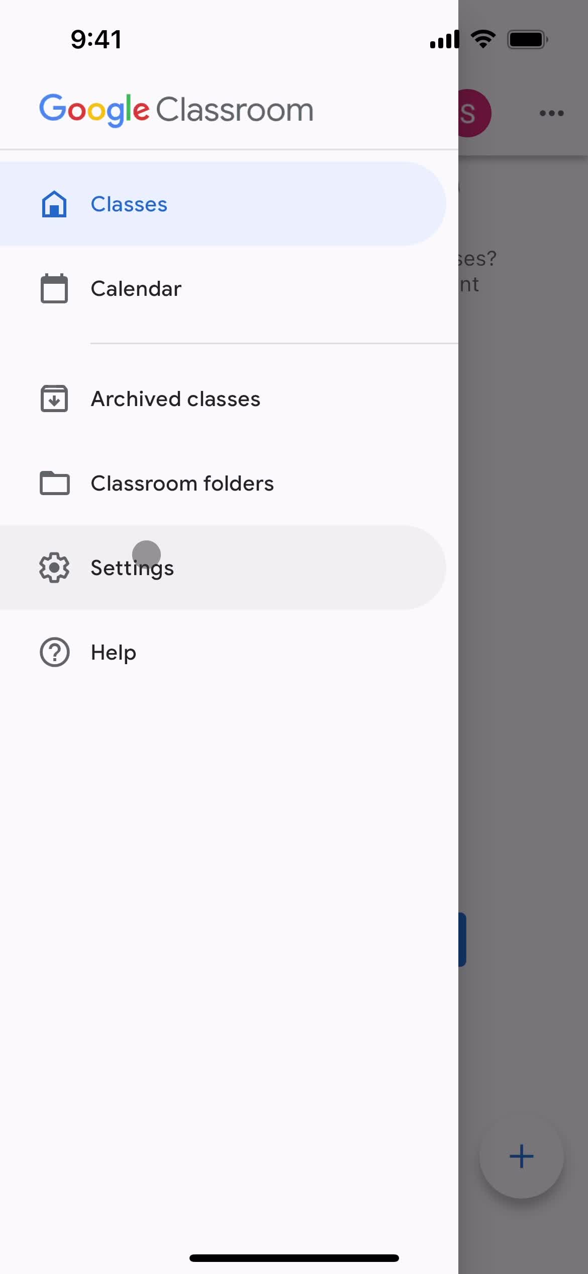 Google Classroom account menu screenshot