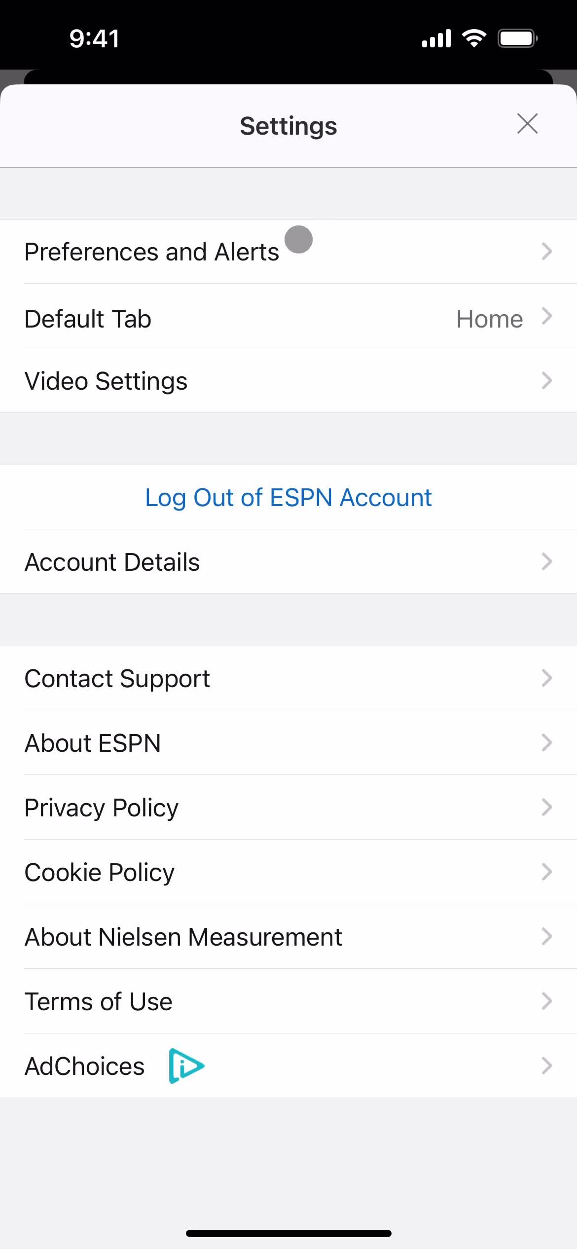 ESPN settings screenshot