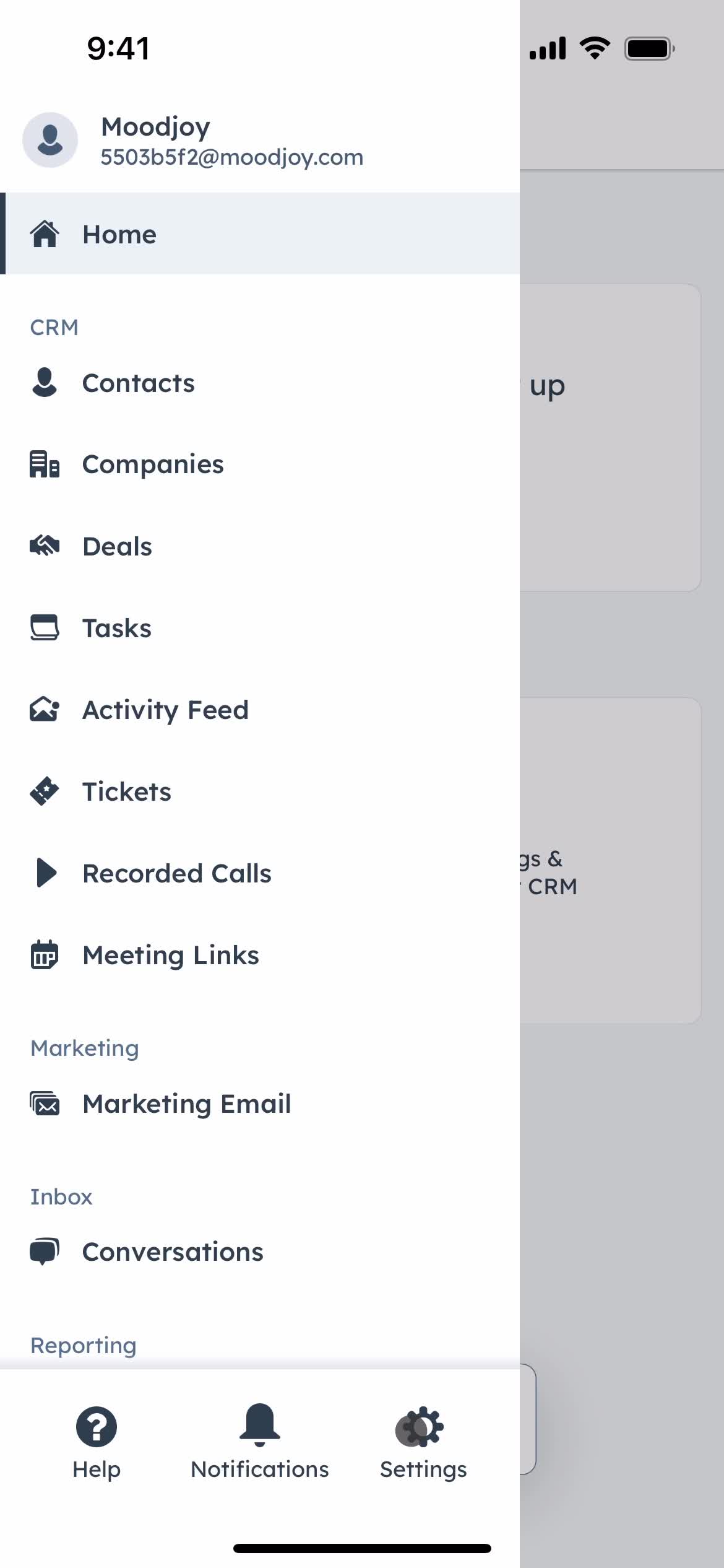 HubSpot CRM menu screenshot