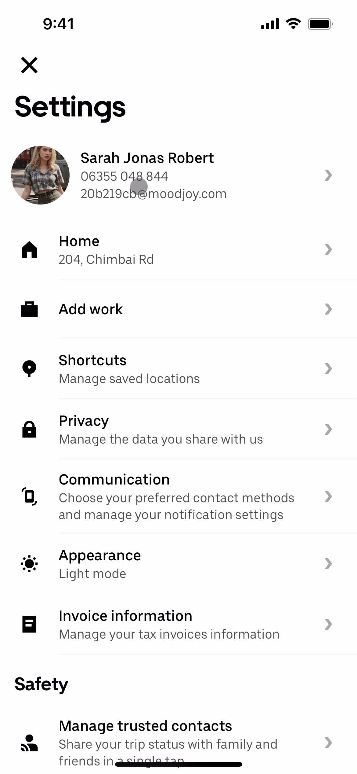 Uber settings screenshot