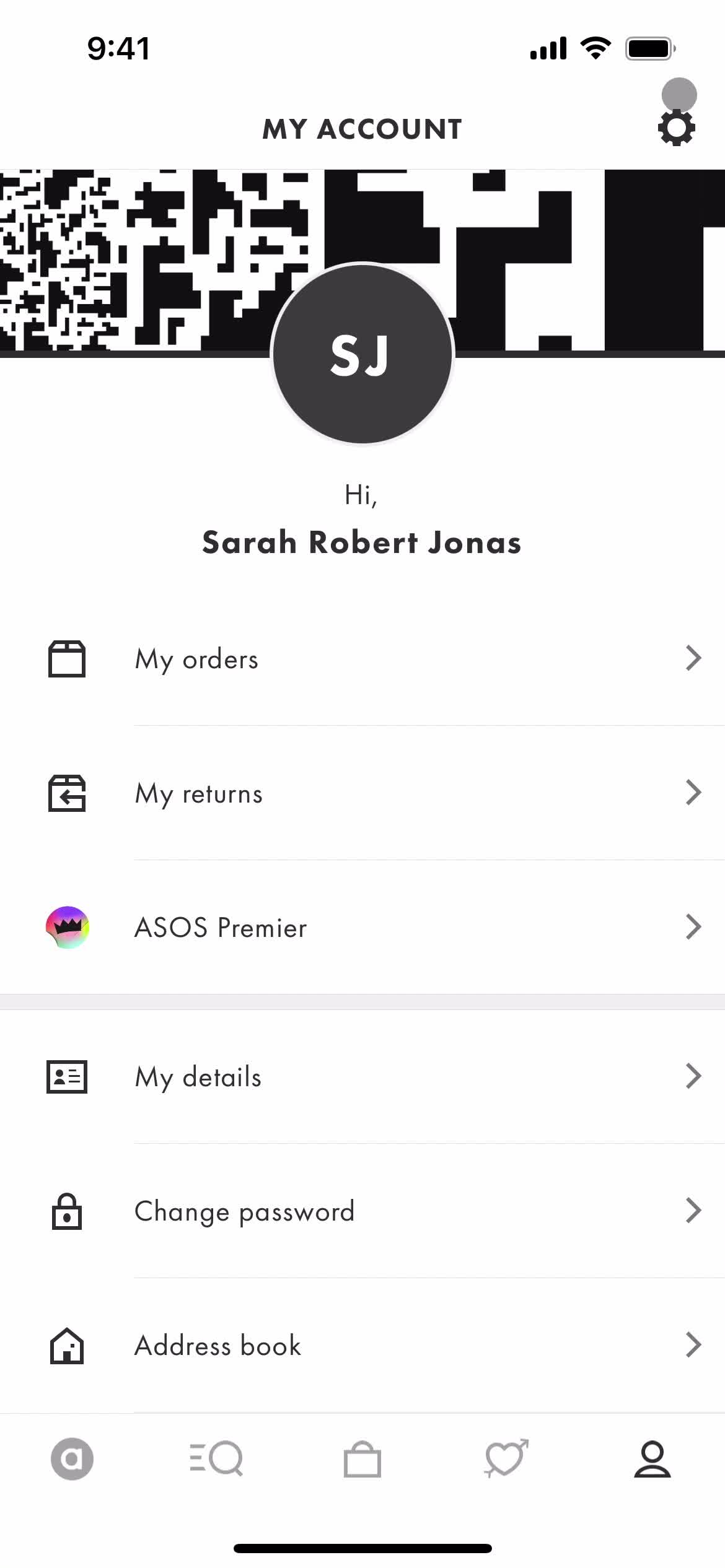 ASOS account menu screenshot