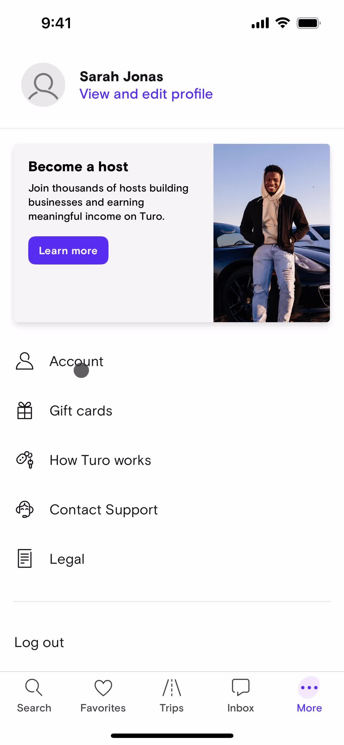 Turo profile menu screenshot