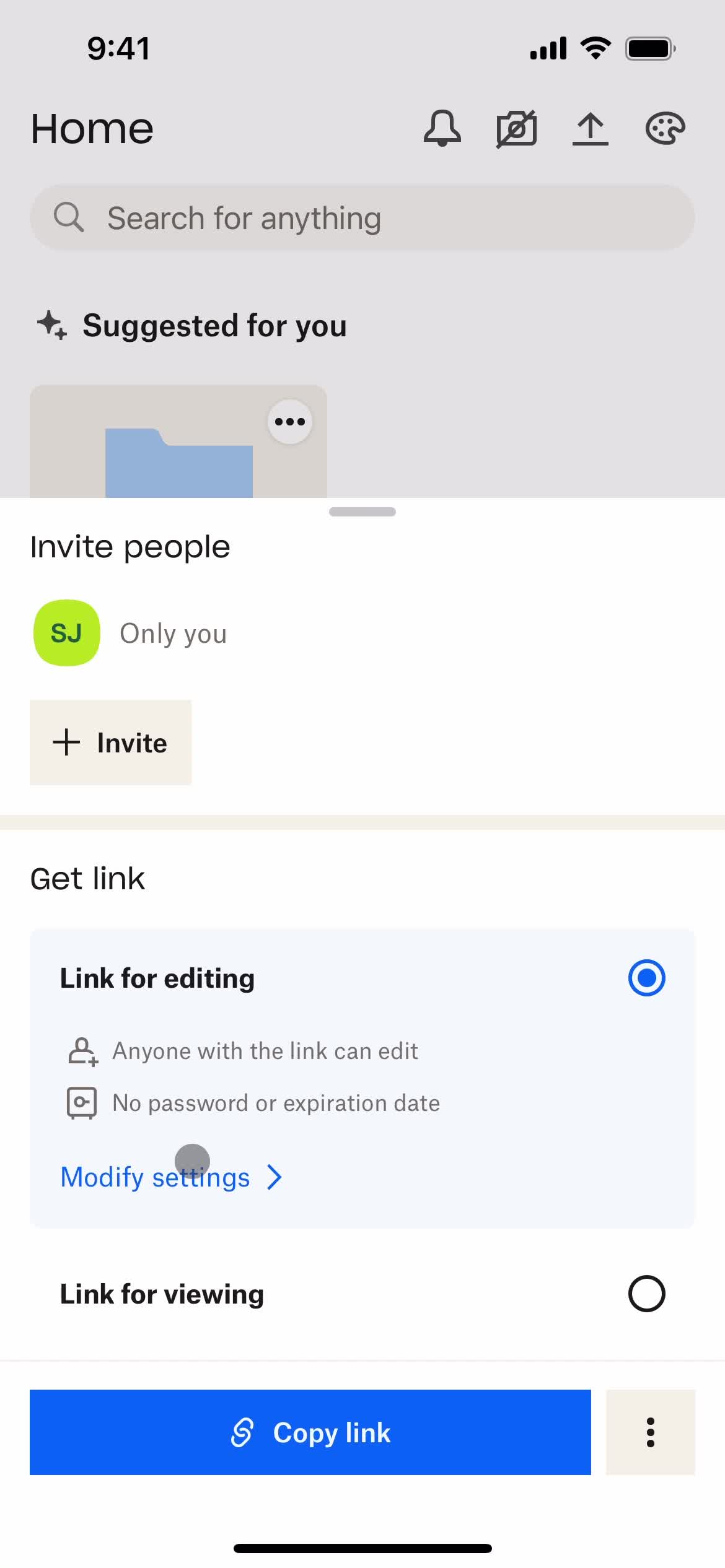 Dropbox share file screenshot