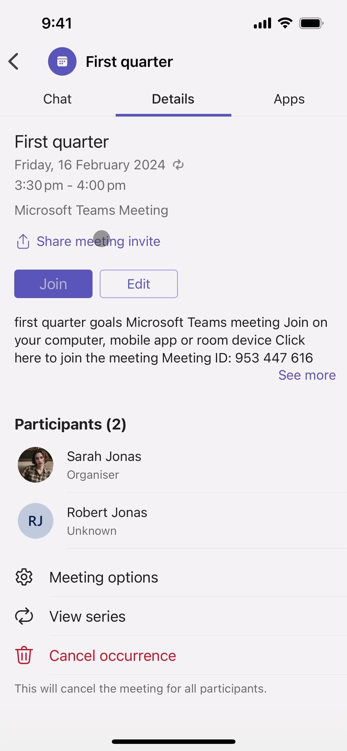 Microsoft Teams meeting details screenshot