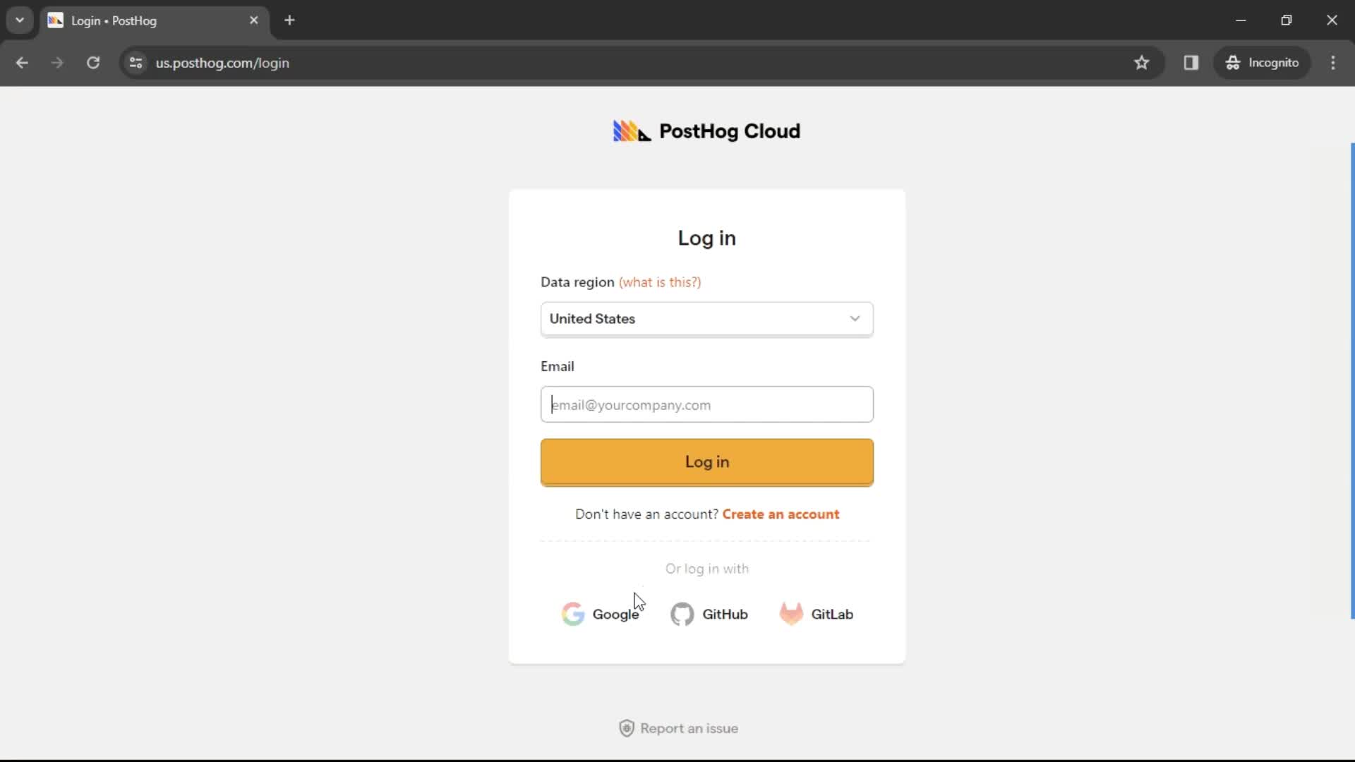 PostHog login screenshot