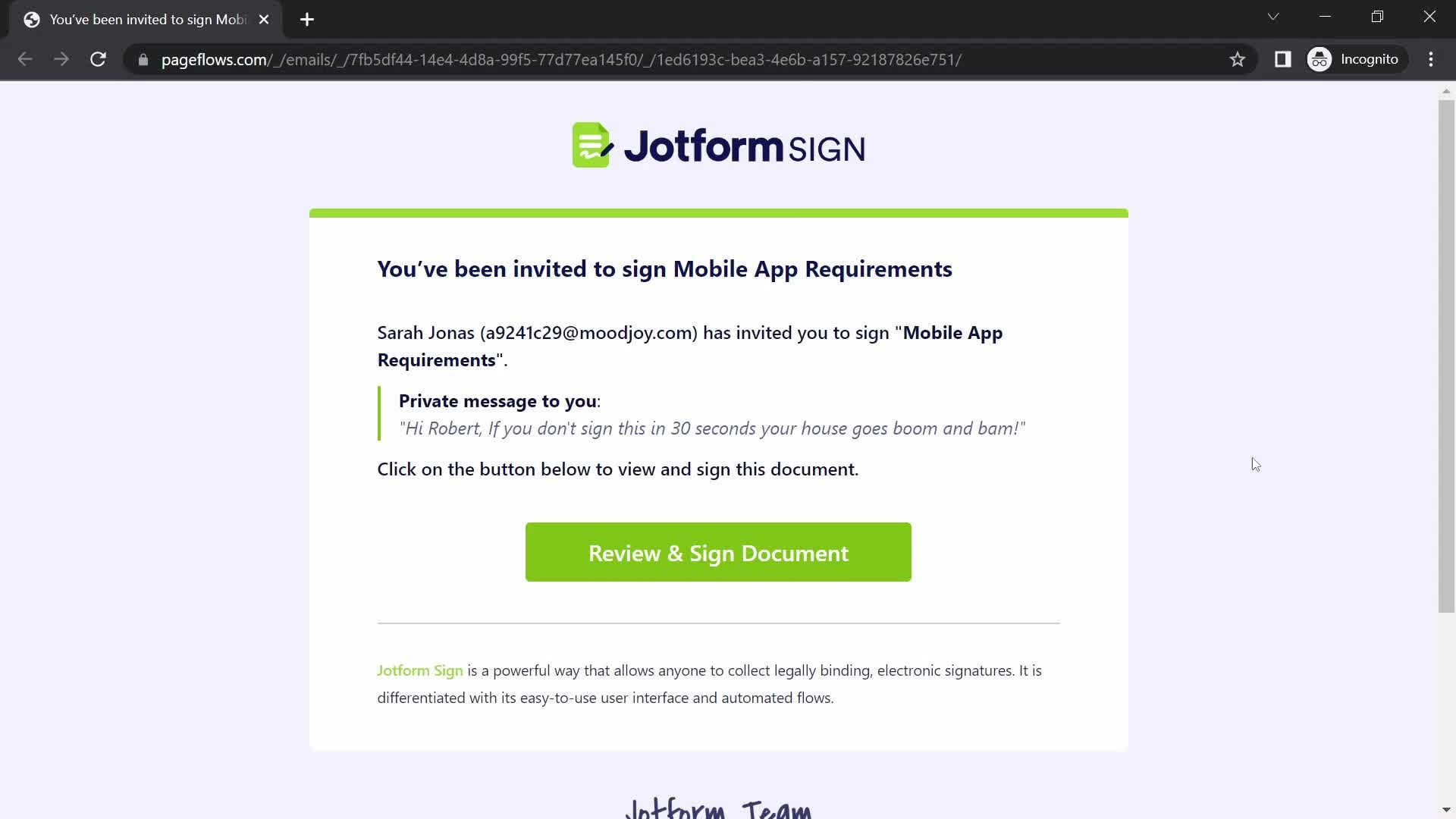 Jotform signature request screenshot