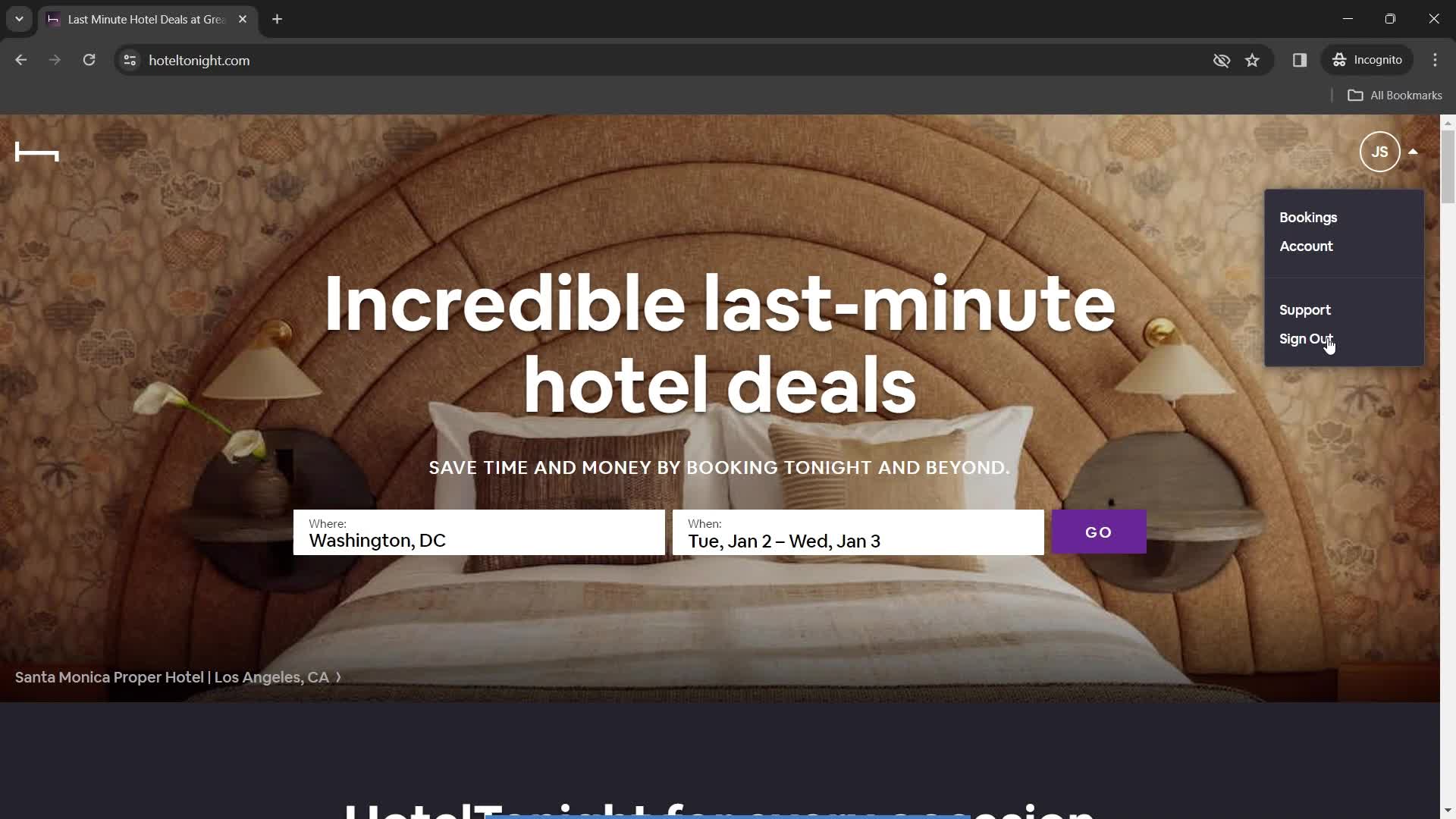 HotelTonight sign out screenshot