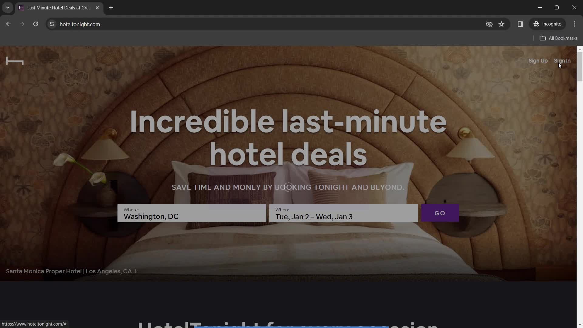 HotelTonight homepage screenshot