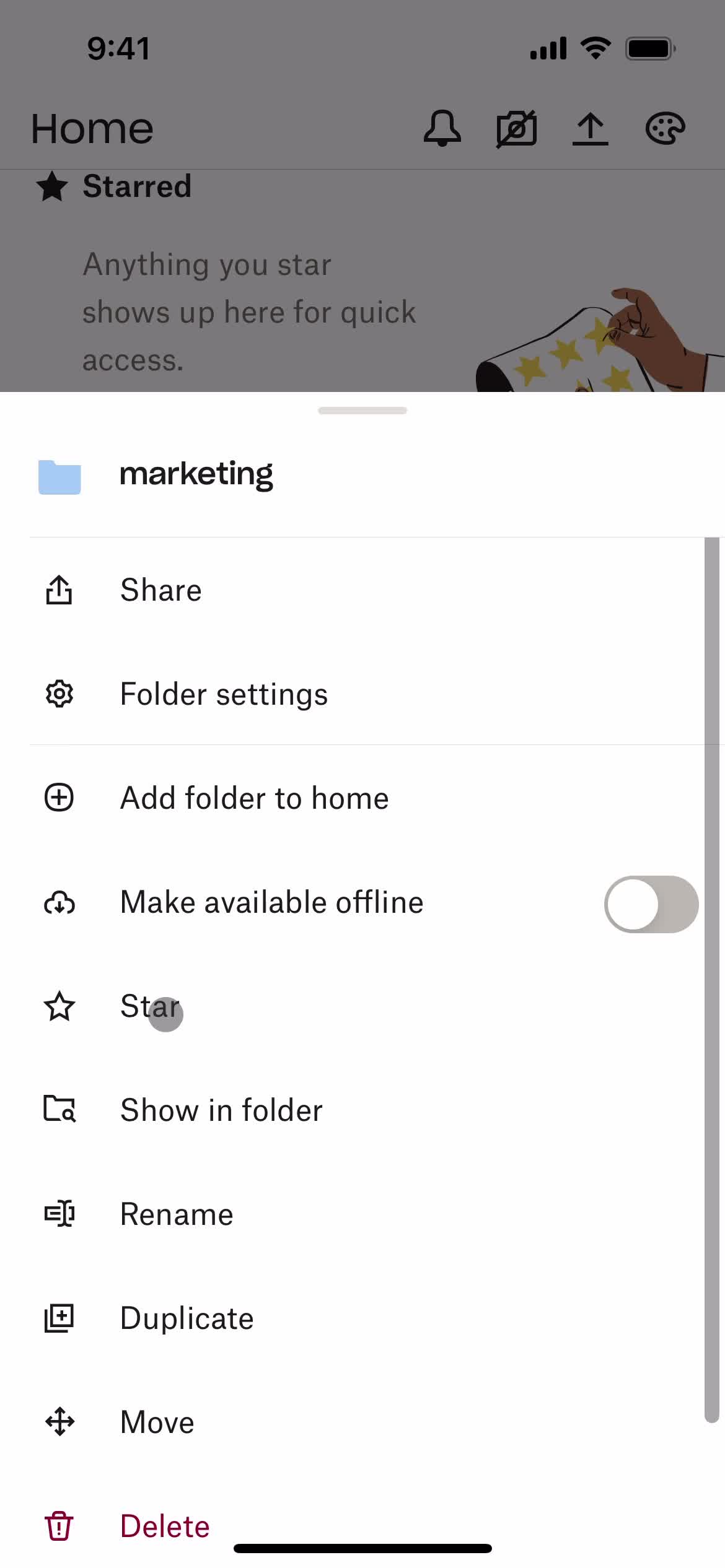 Dropbox action menu screenshot