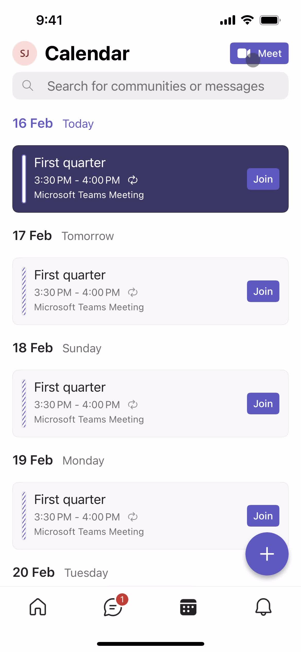 Microsoft Teams calendar screenshot