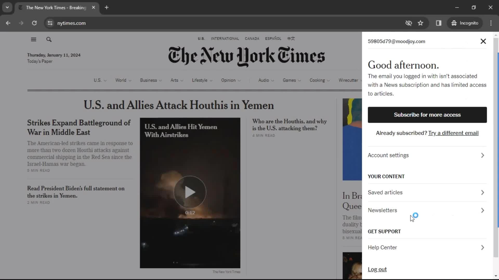 The New York Times account menu screenshot