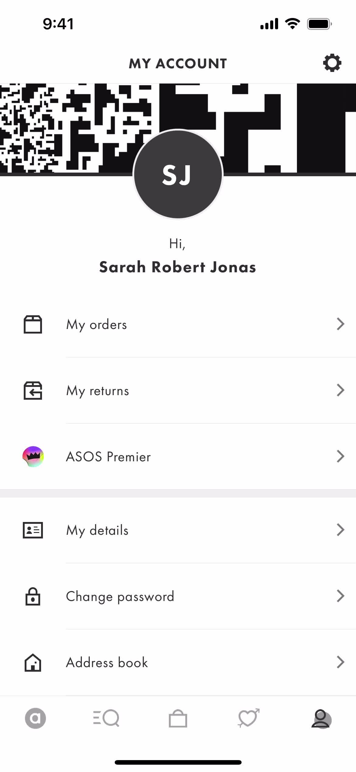 ASOS account menu screenshot