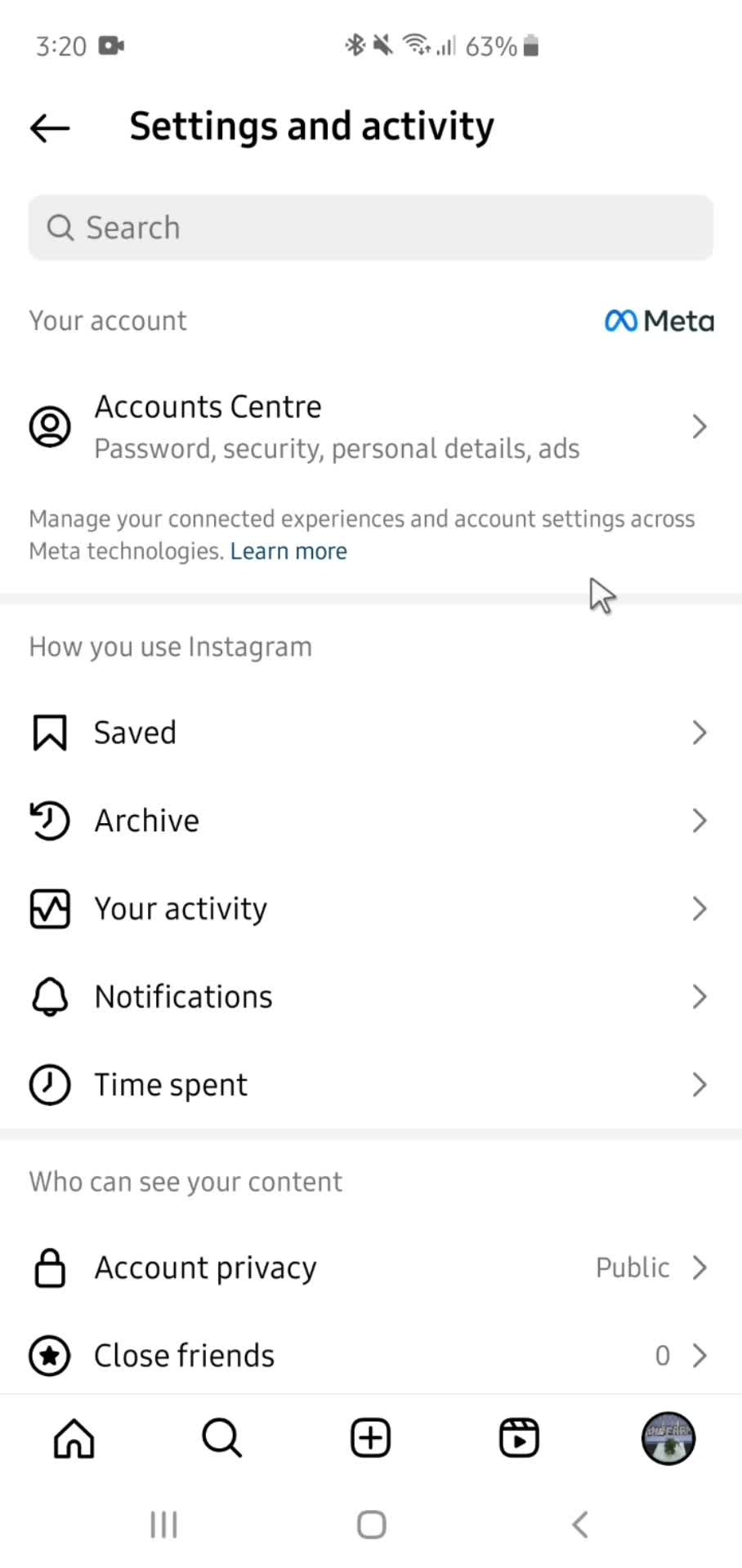 Instagram settings screenshot