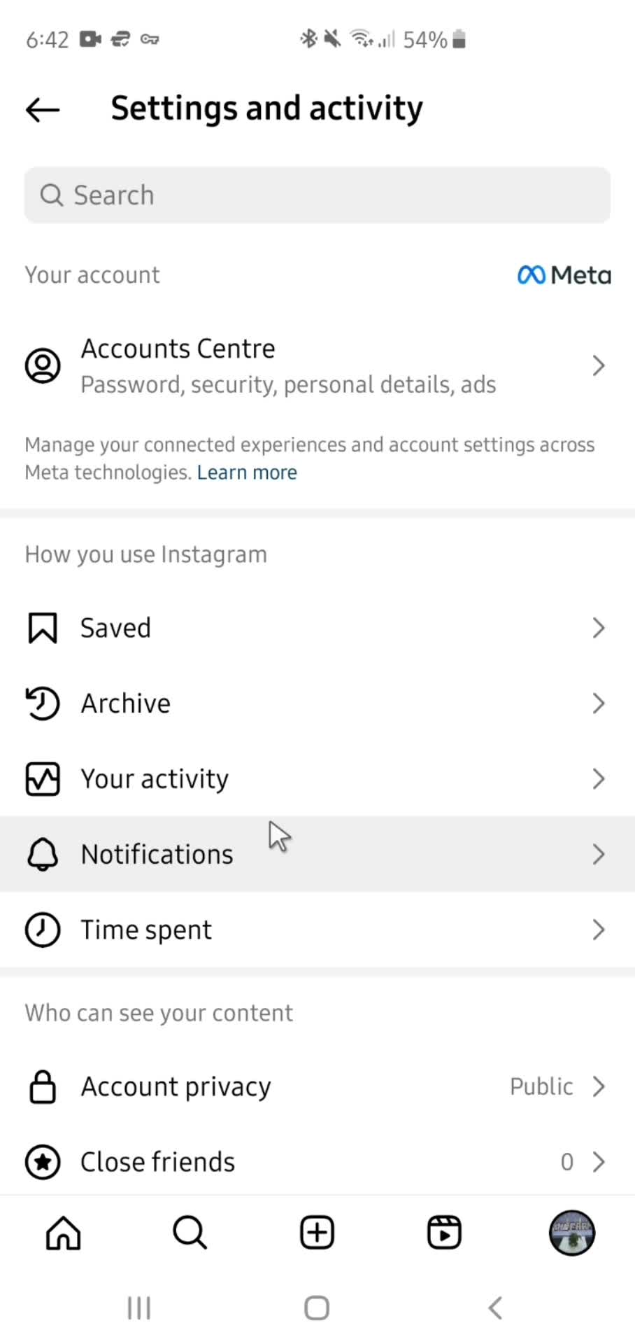 Instagram settings screenshot