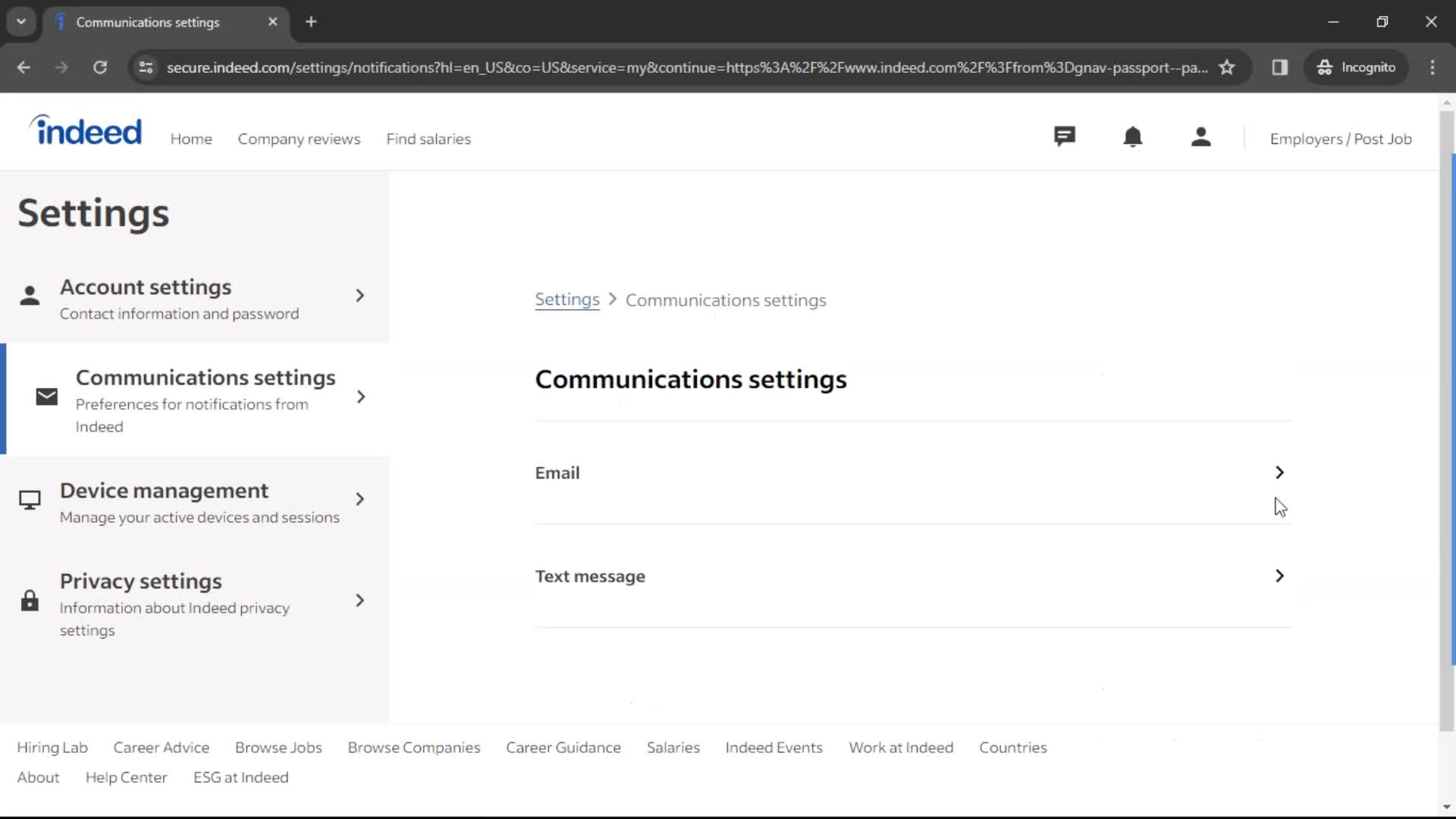Indeed notification settings screenshot