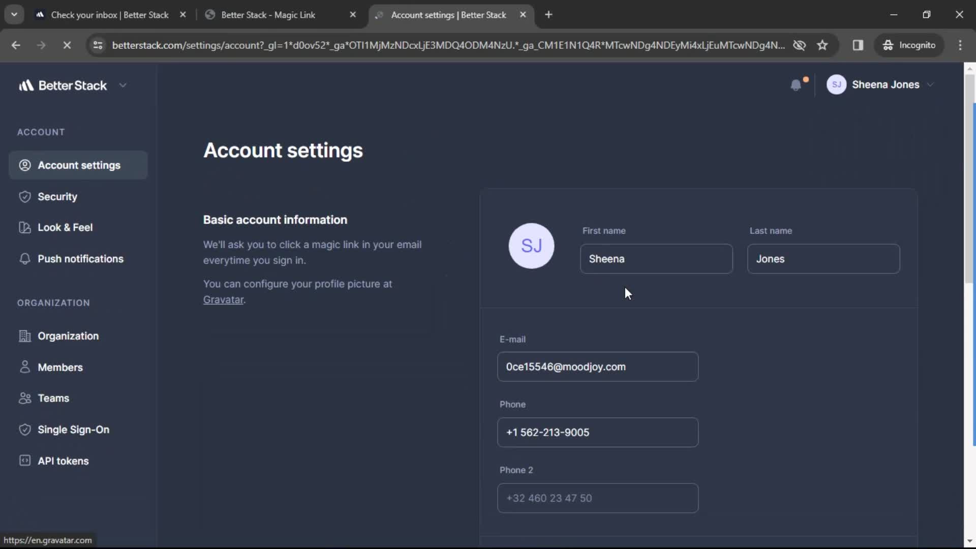 Better Stack account settings screenshot