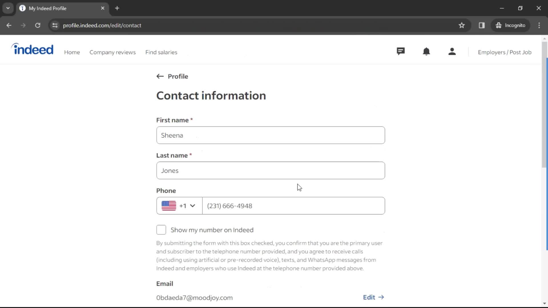 Indeed add contact details screenshot