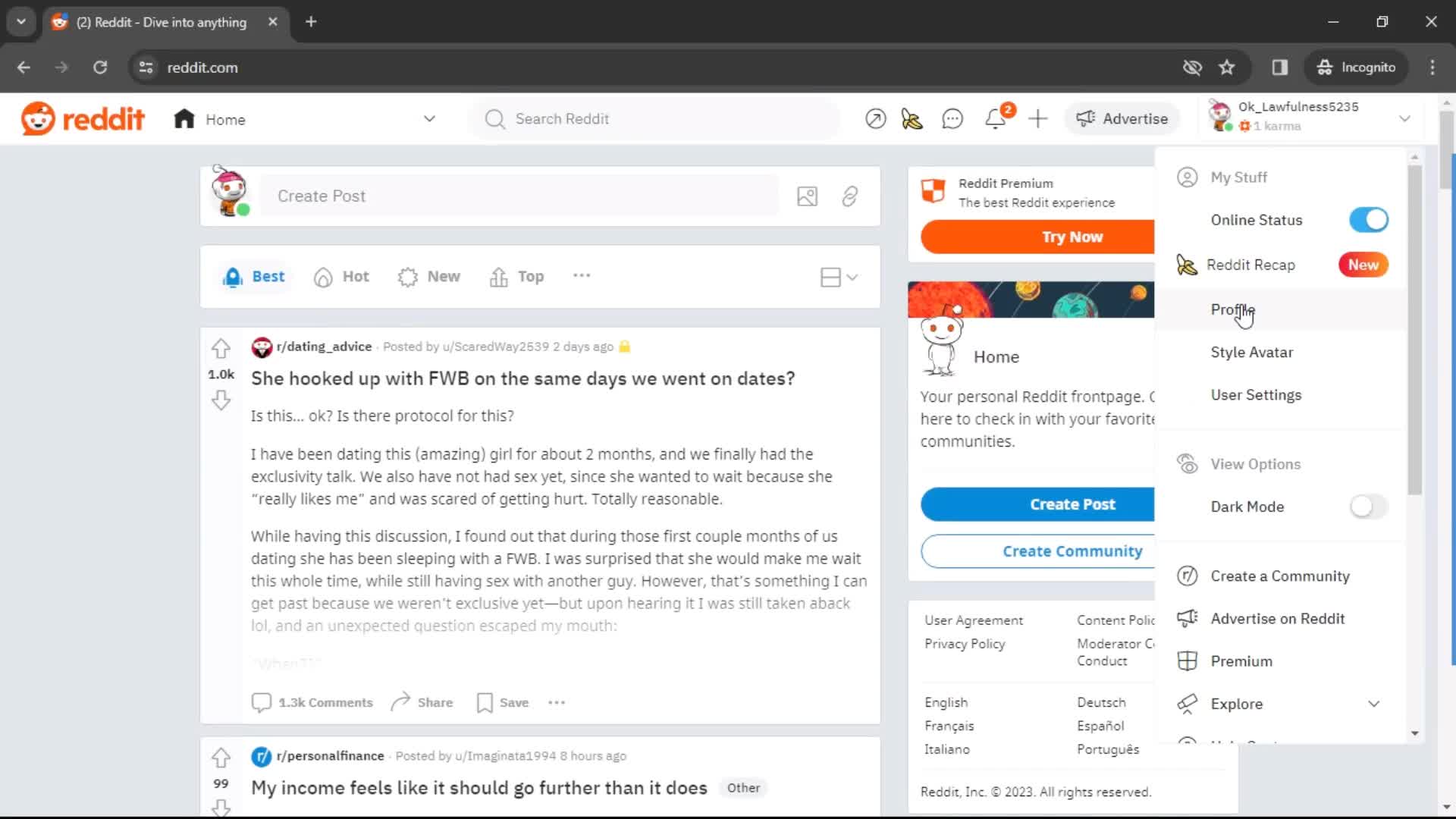 Reddit account menu screenshot