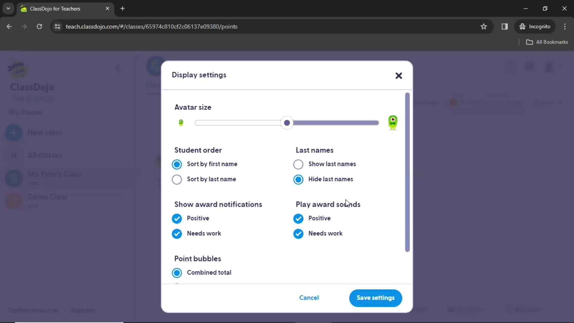 ClassDojo display settings screenshot