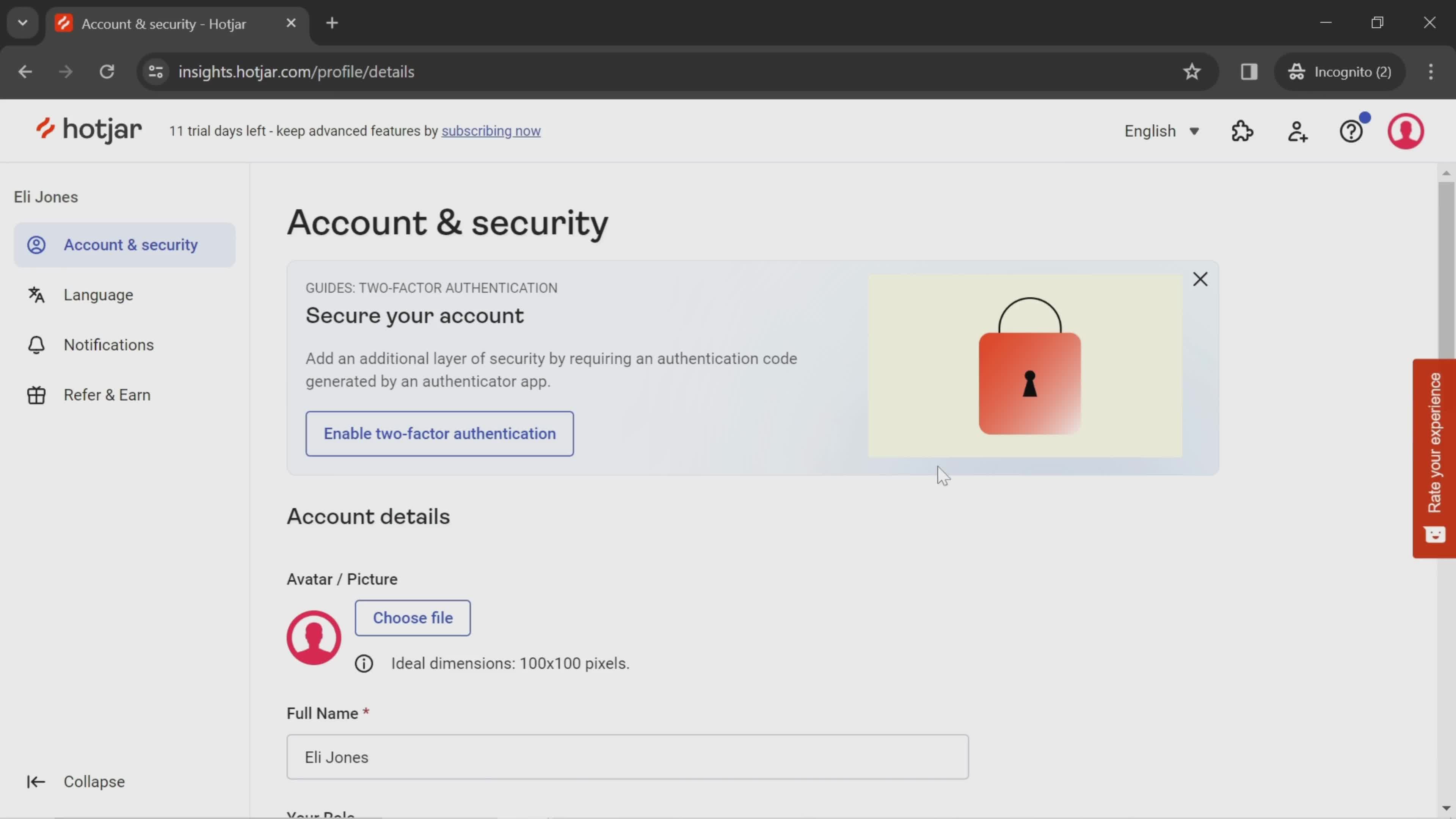 Hotjar account security screenshot