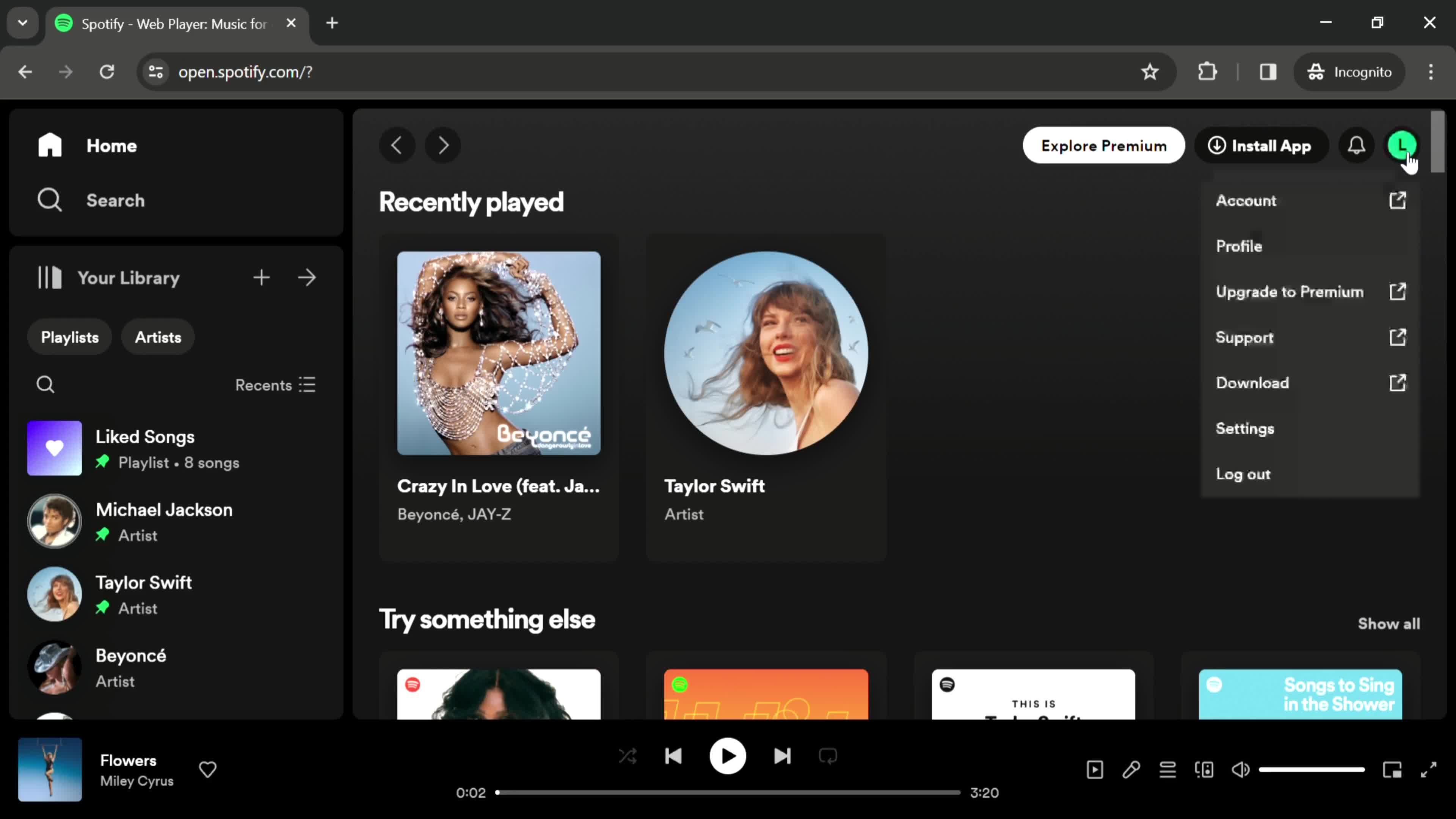 Spotify account menu screenshot