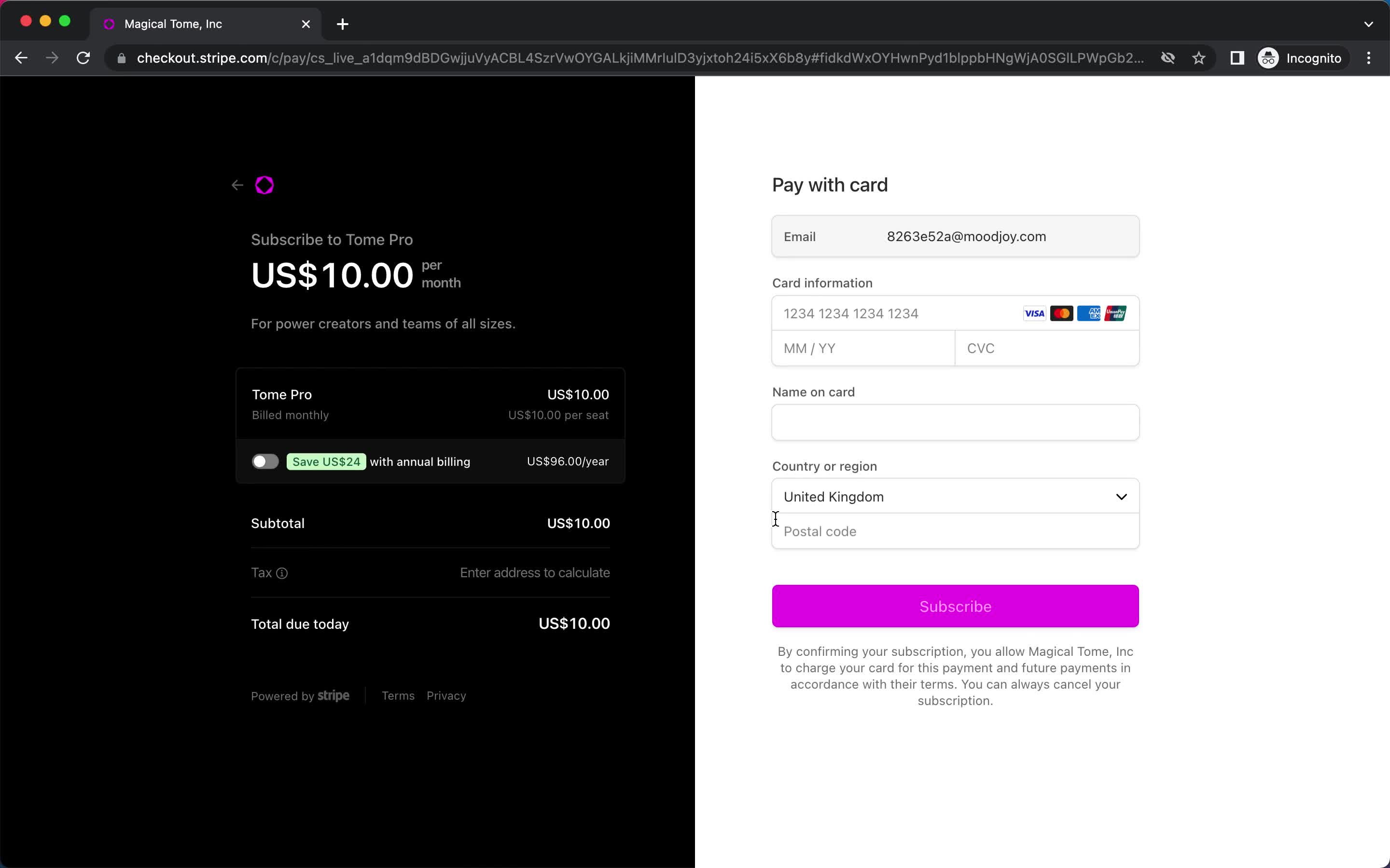 Tome add payment details screenshot