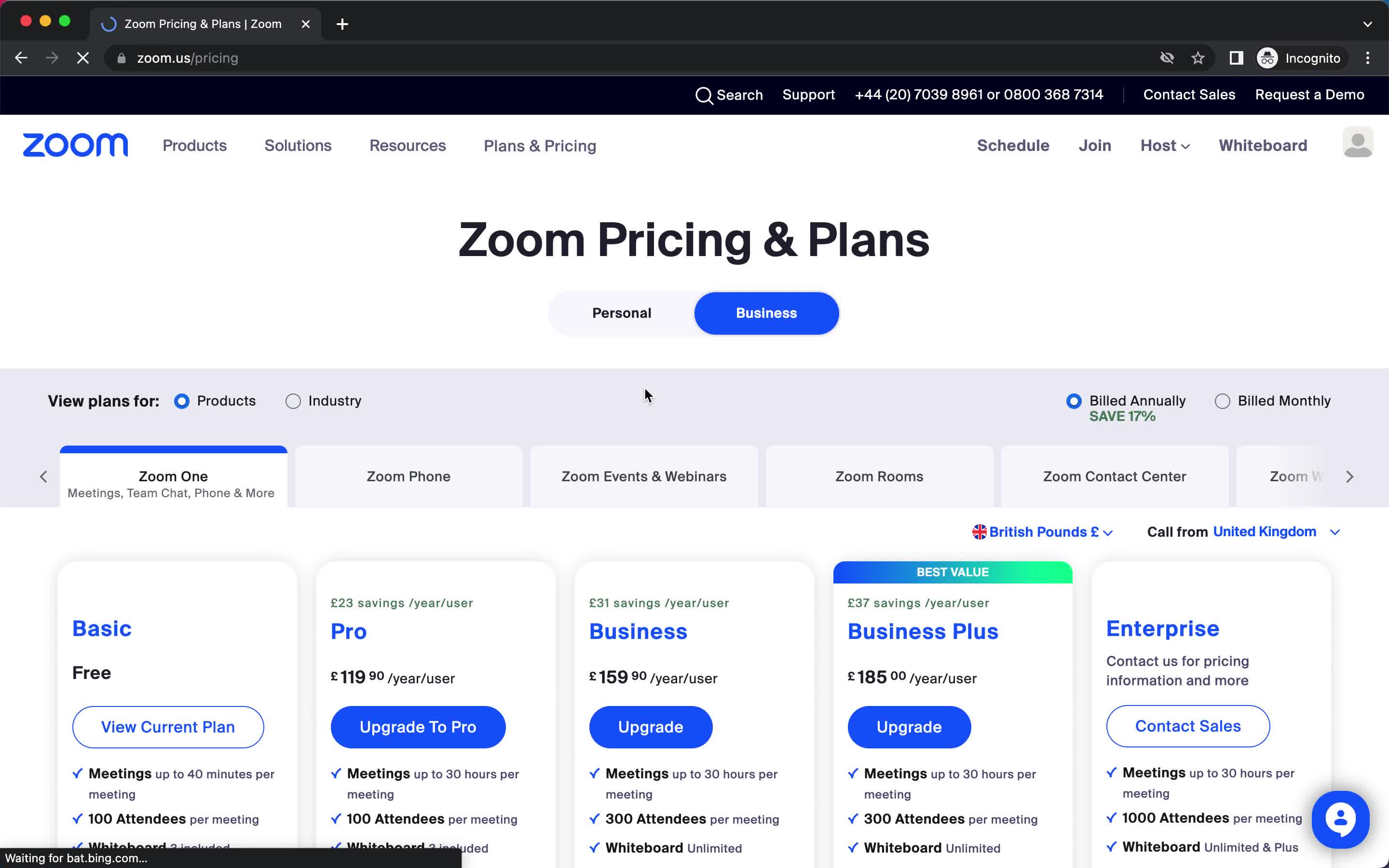 Zoom pricing & plans screenshot