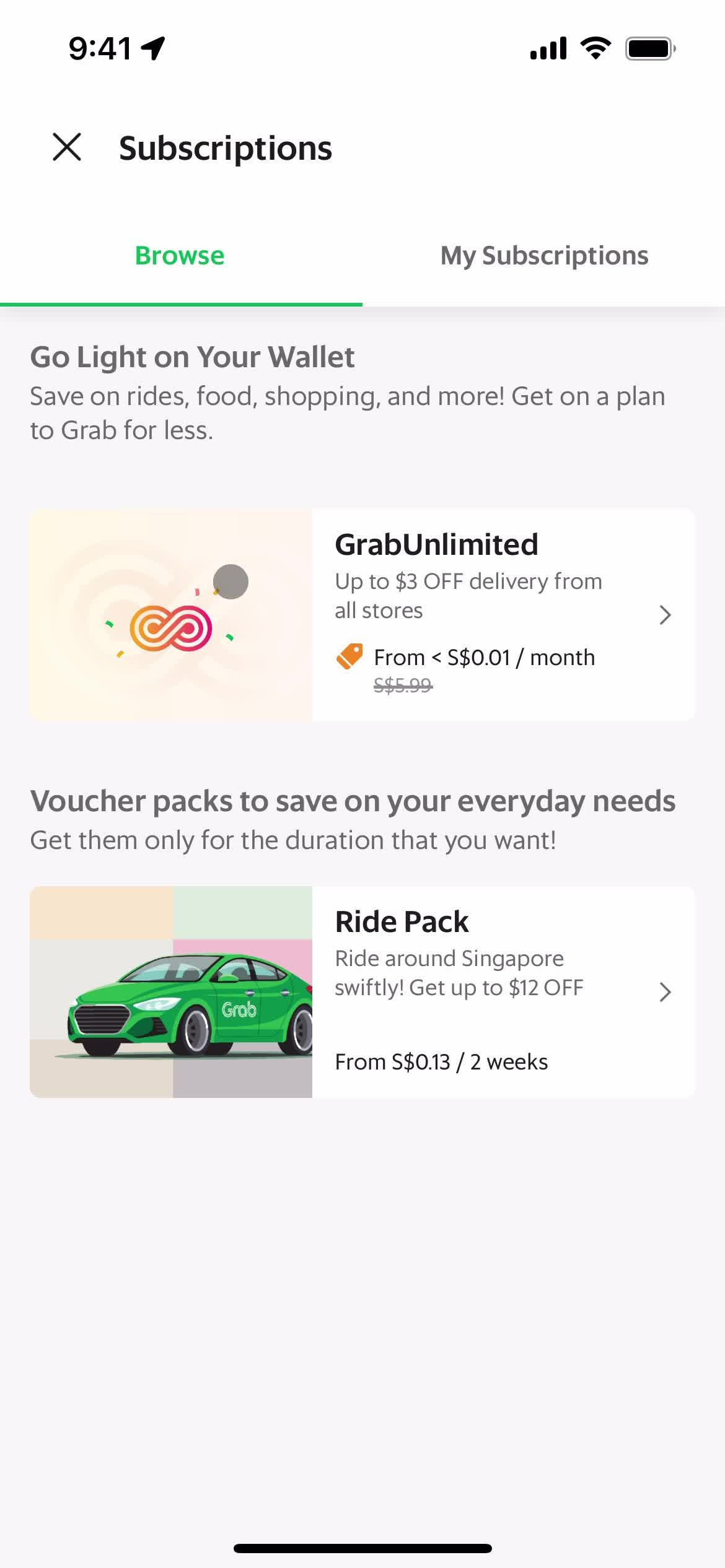 Grab subscriptions screenshot