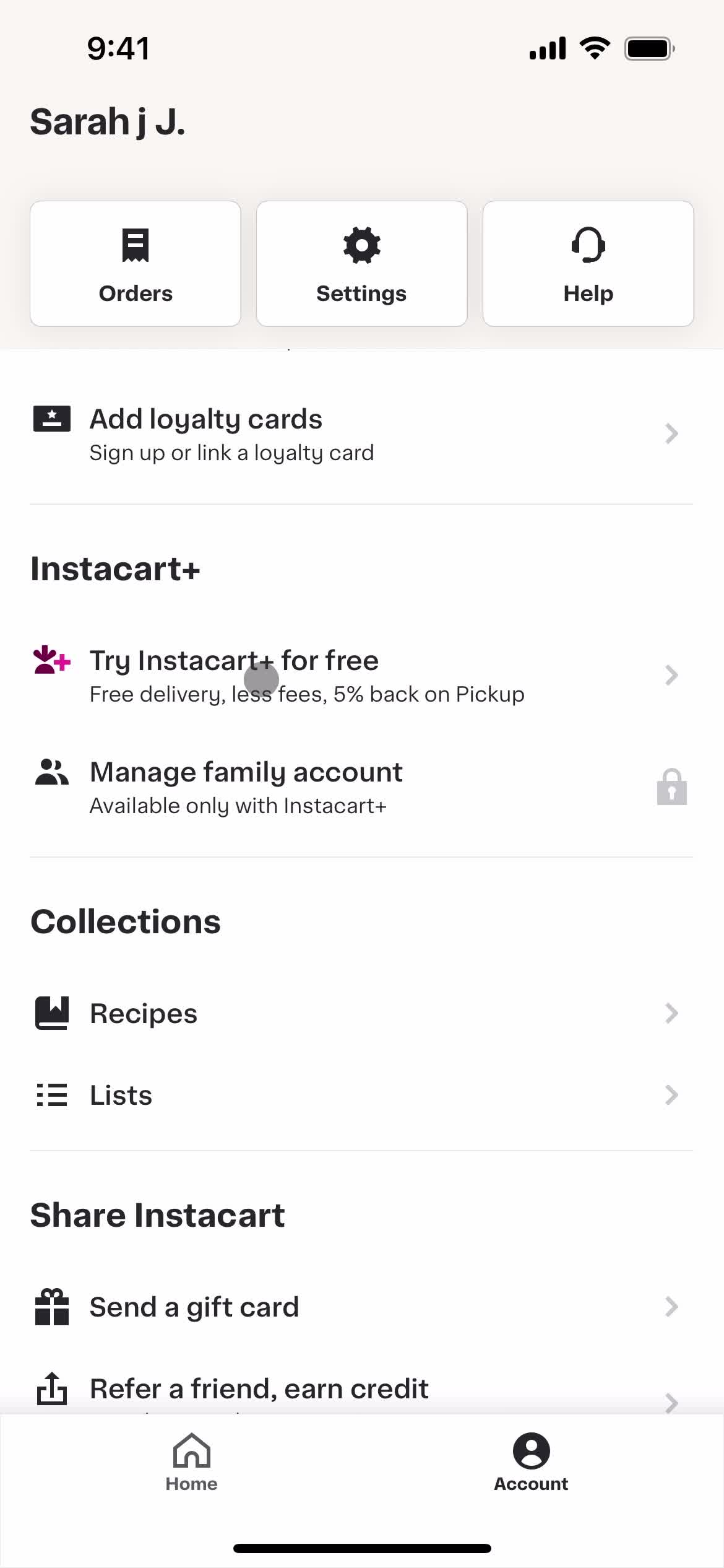 Instacart account menu screenshot