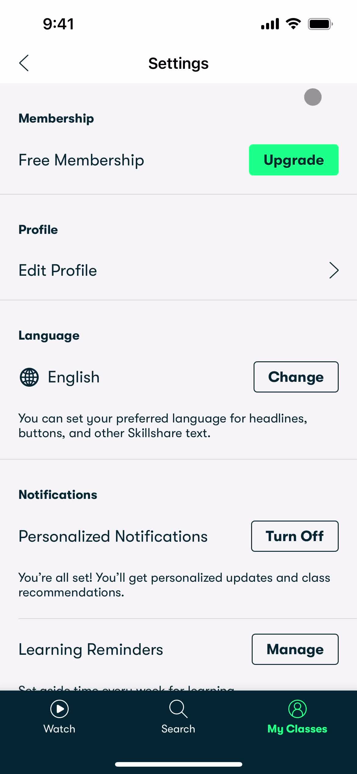 Skillshare account settings screenshot