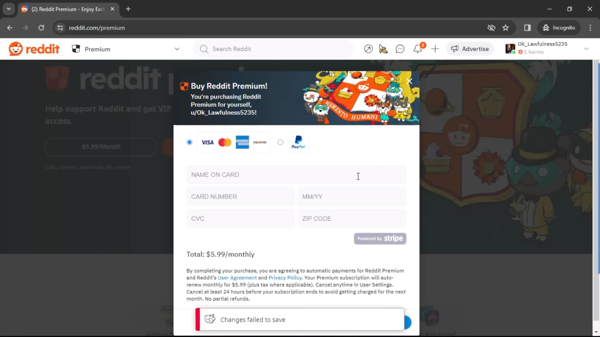 Reddit enter payment details screenshot