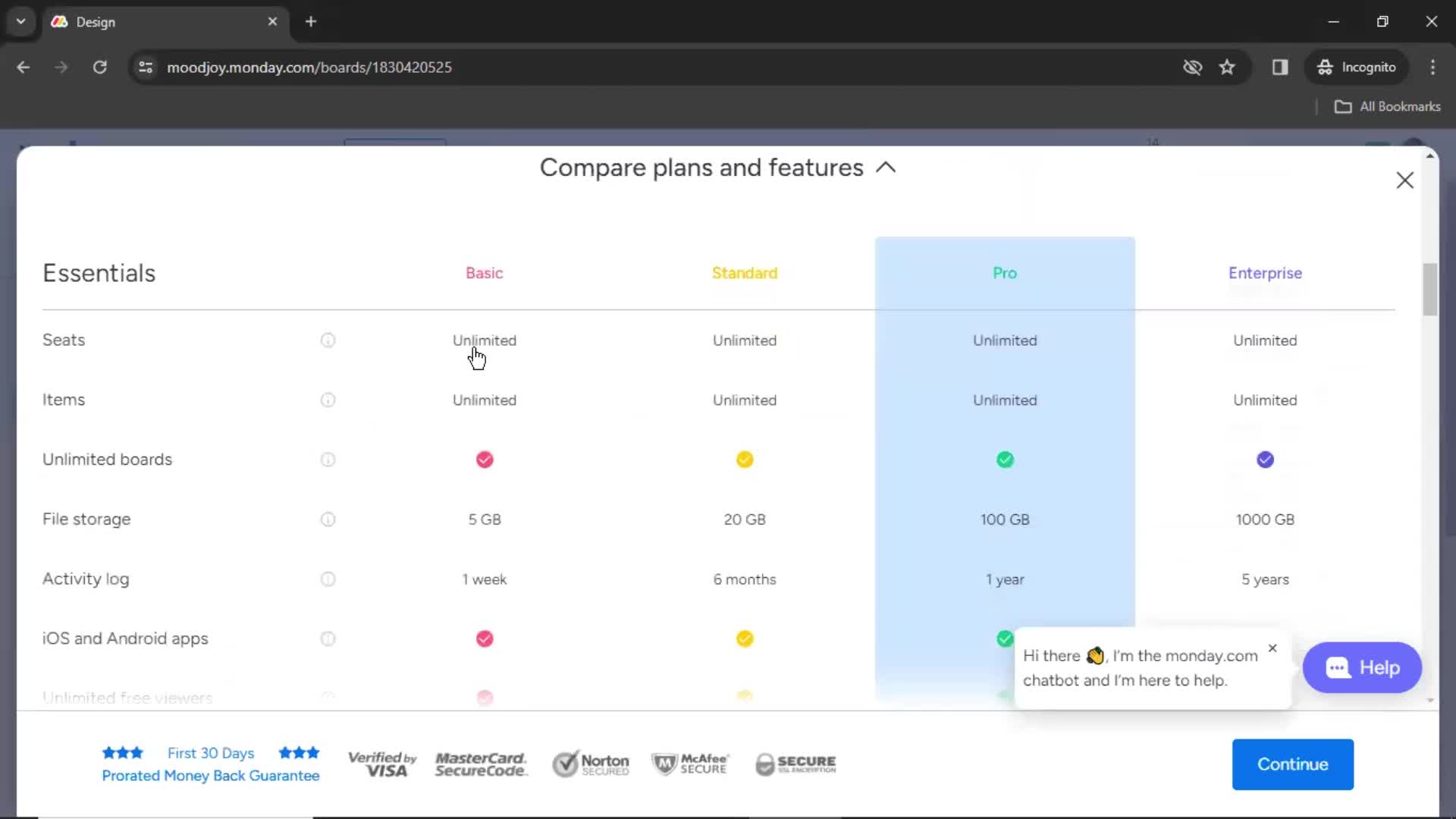 Monday compare plans screenshot