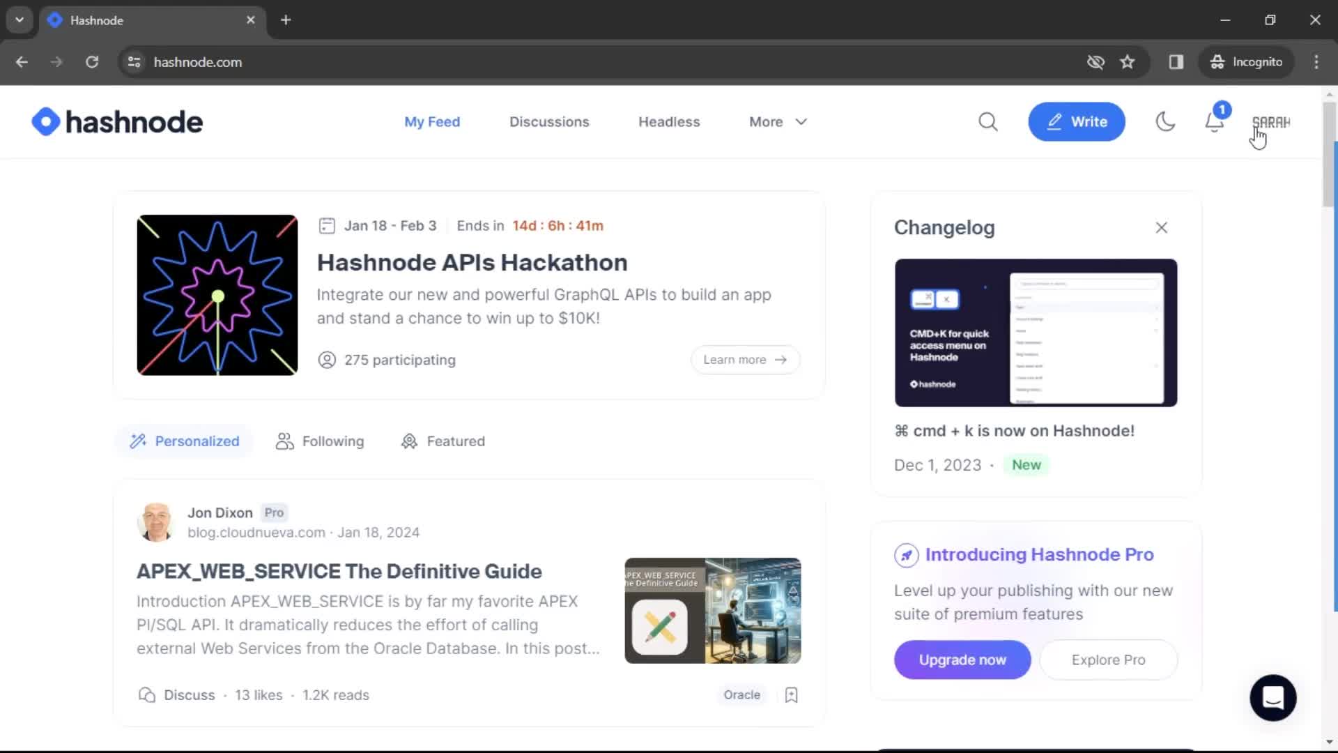 Hashnode home screenshot