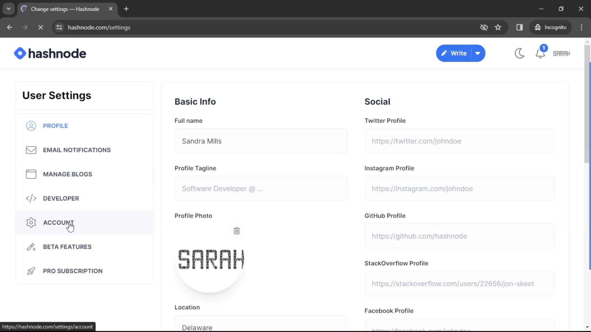 Hashnode user settings screenshot