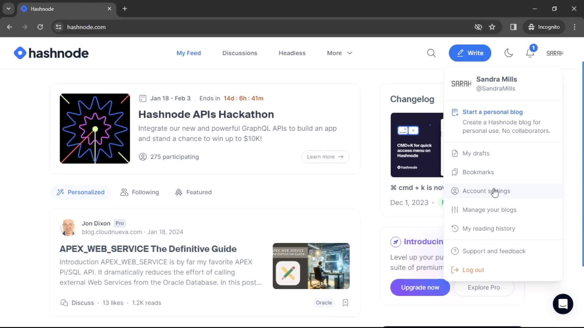 Hashnode account menu screenshot