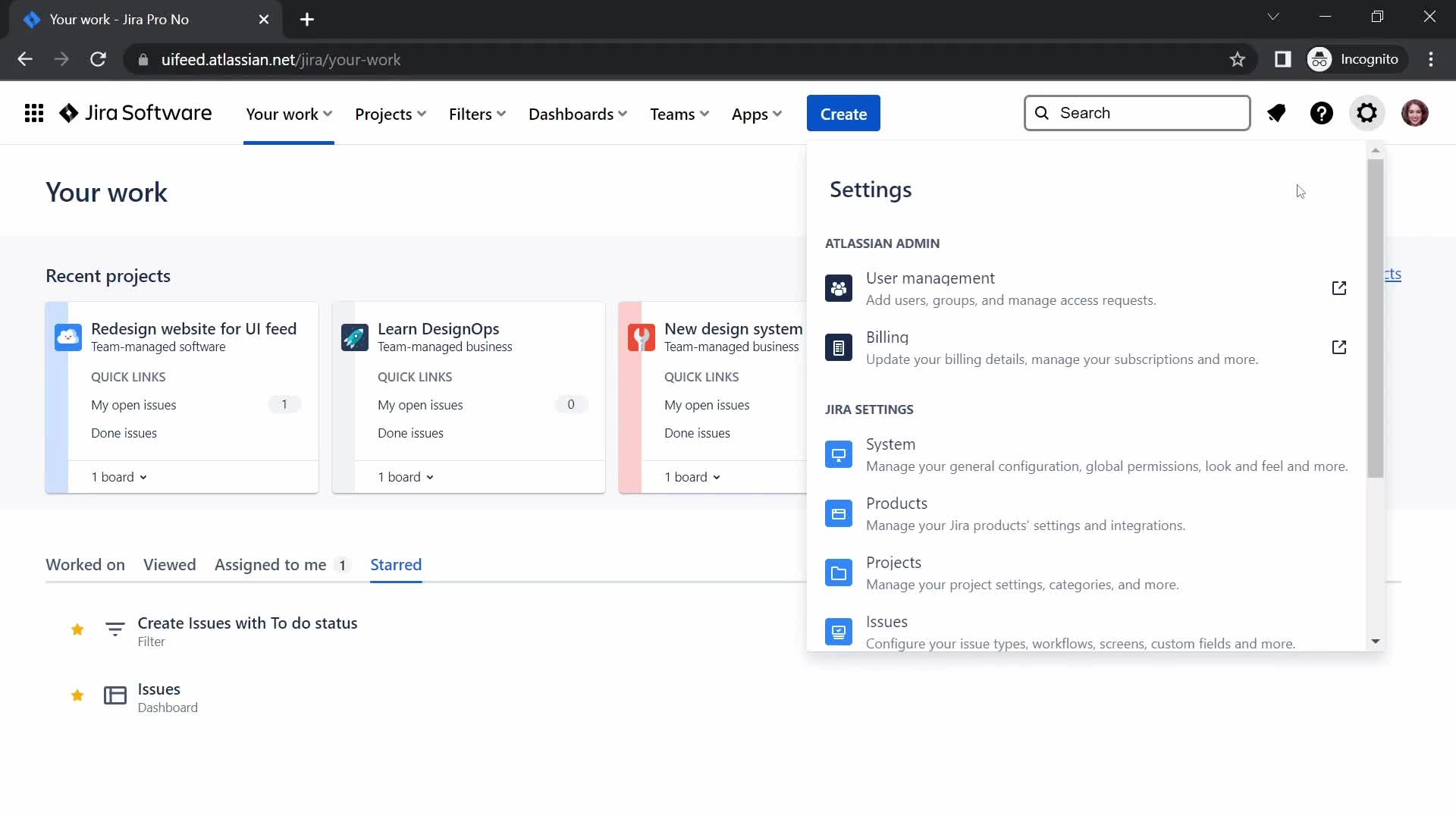 Jira settings menu screenshot