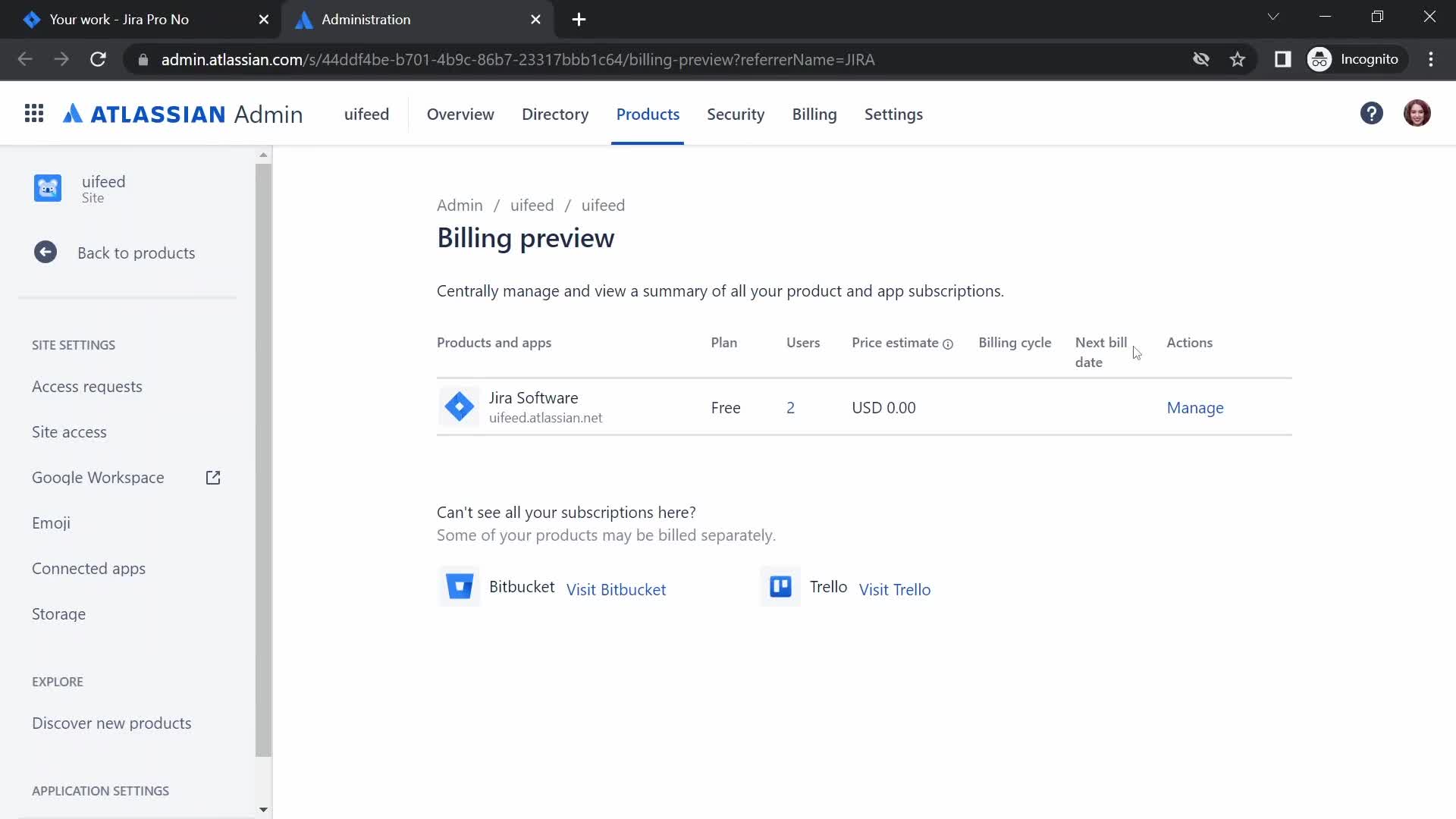 Jira billing screenshot