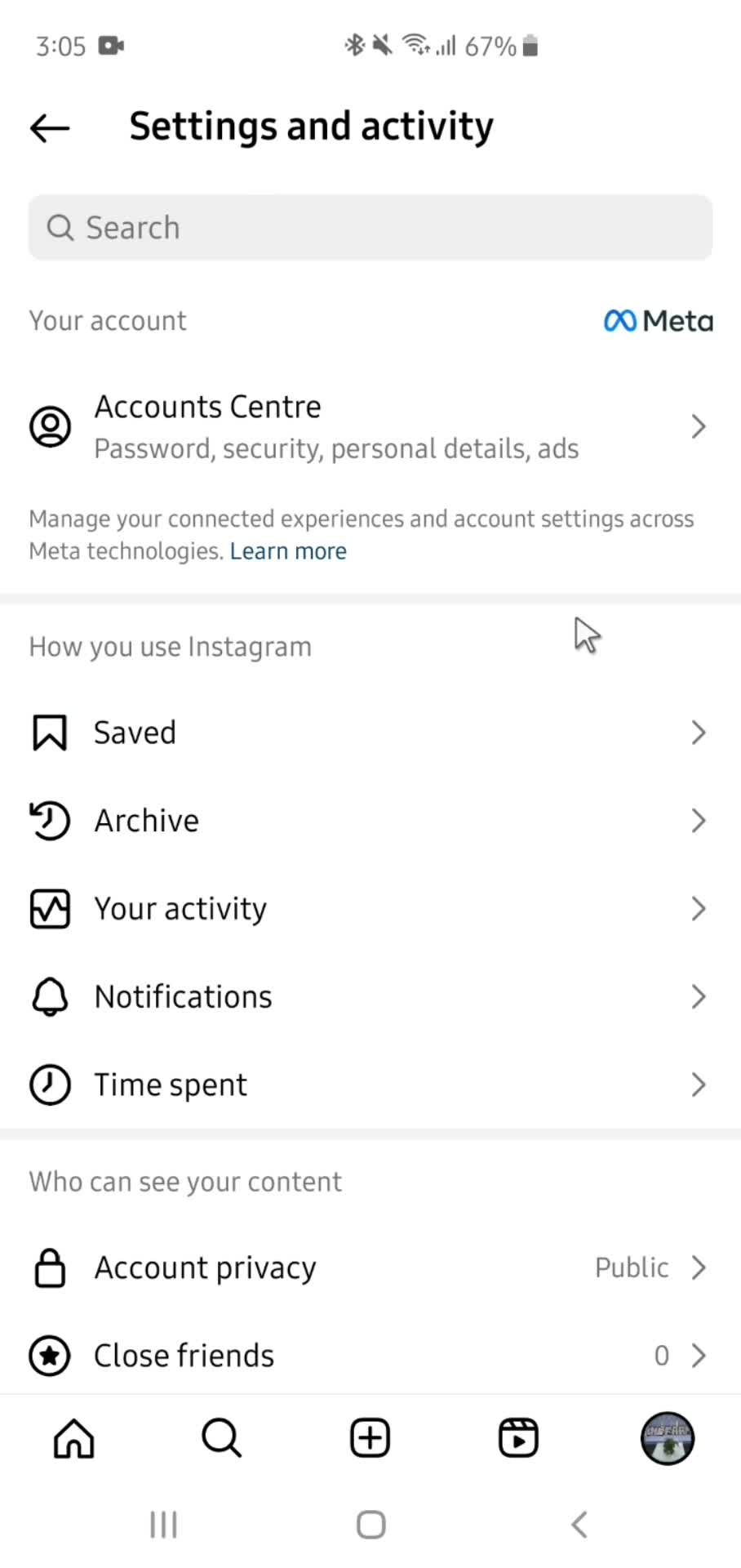 Instagram settings screenshot