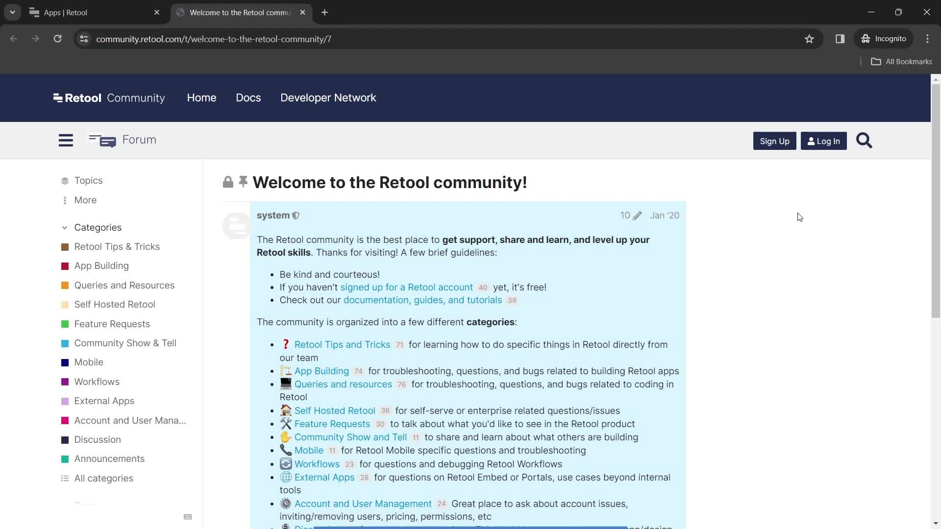 Retool help center categories screenshot