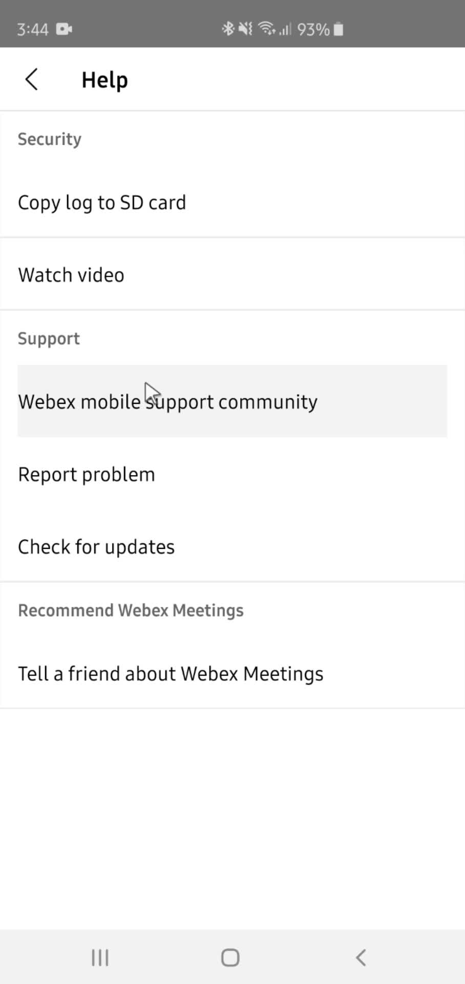 Webex help menu screenshot