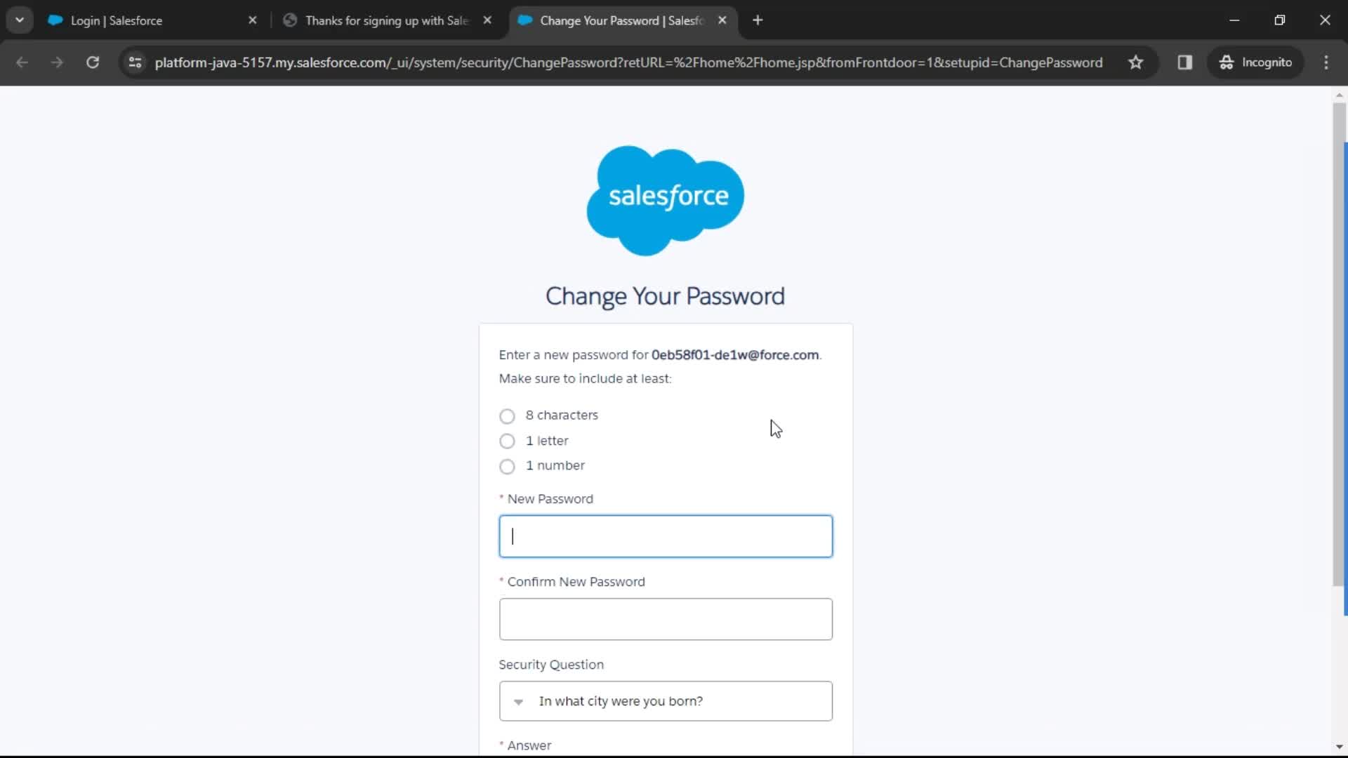 Salesforce change password screenshot