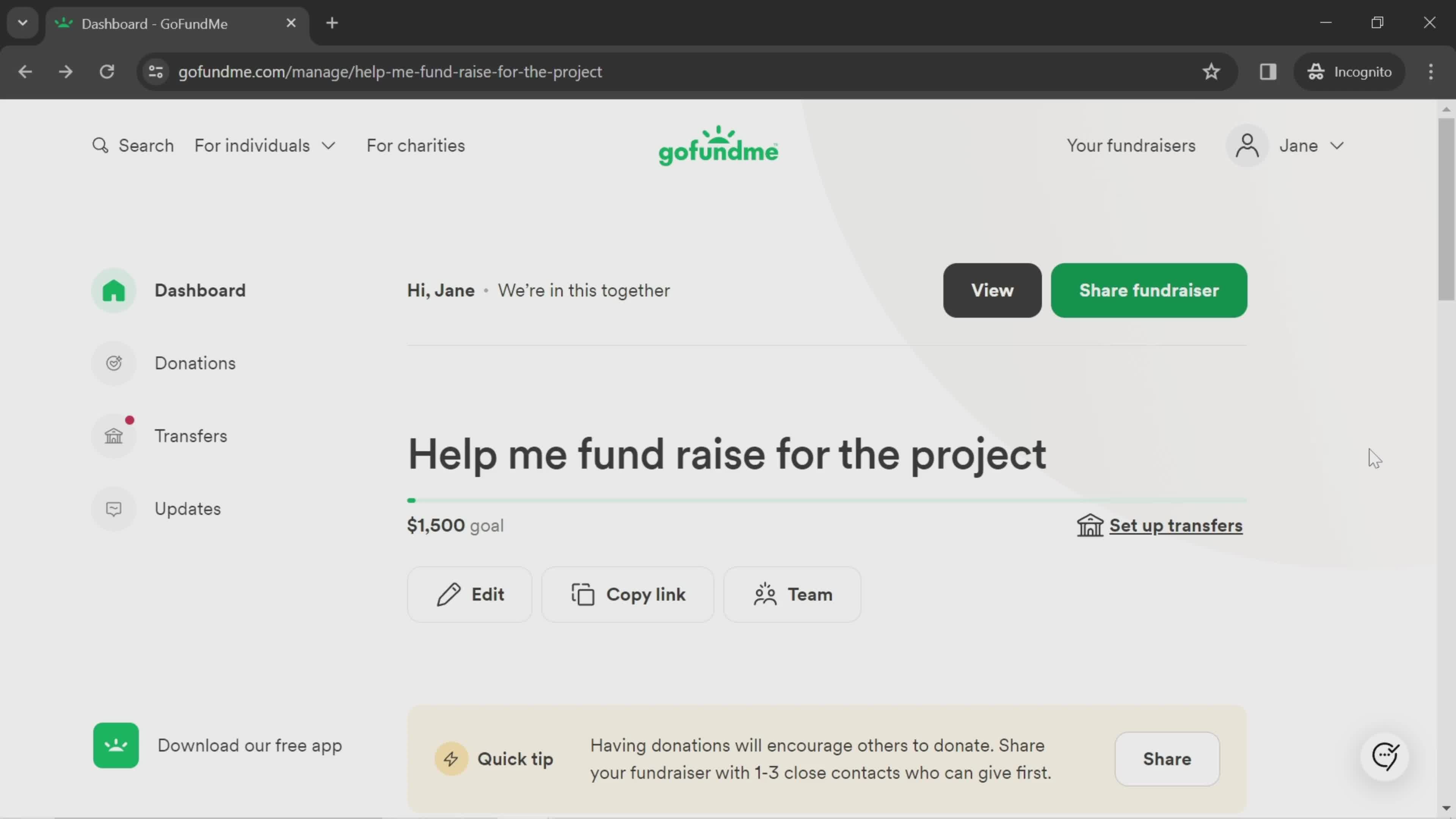 GoFundMe dashboard screenshot