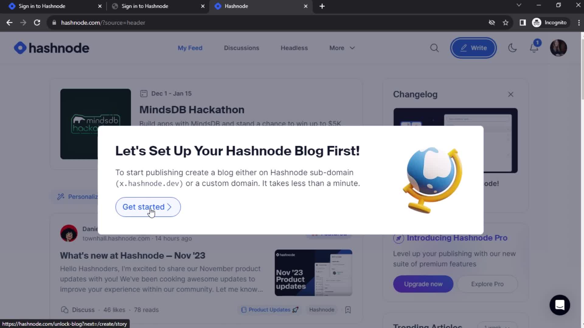 Hashnode get started screenshot