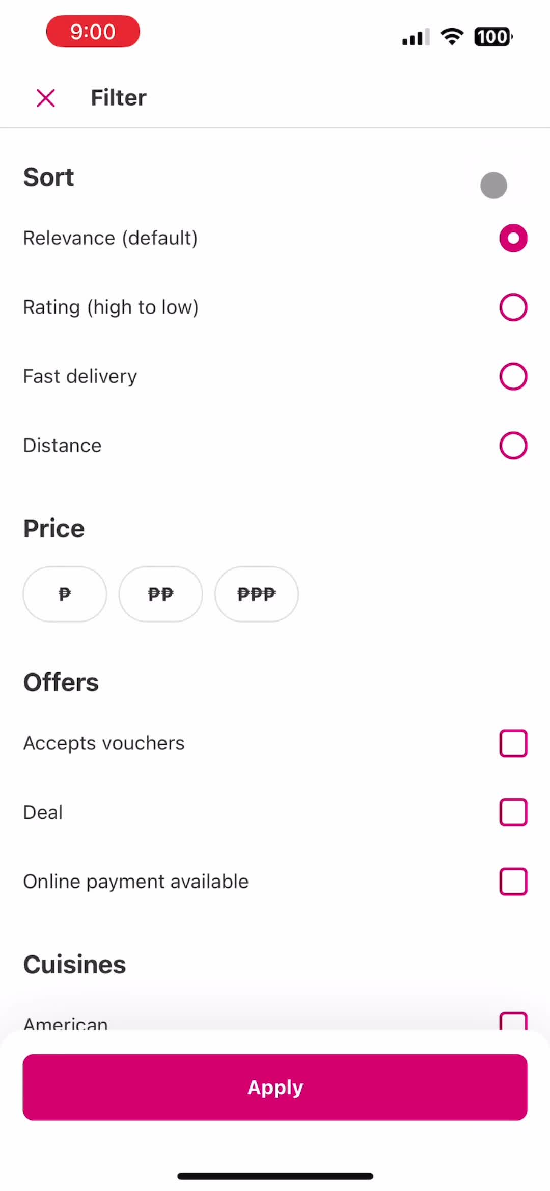 foodpanda filter screenshot