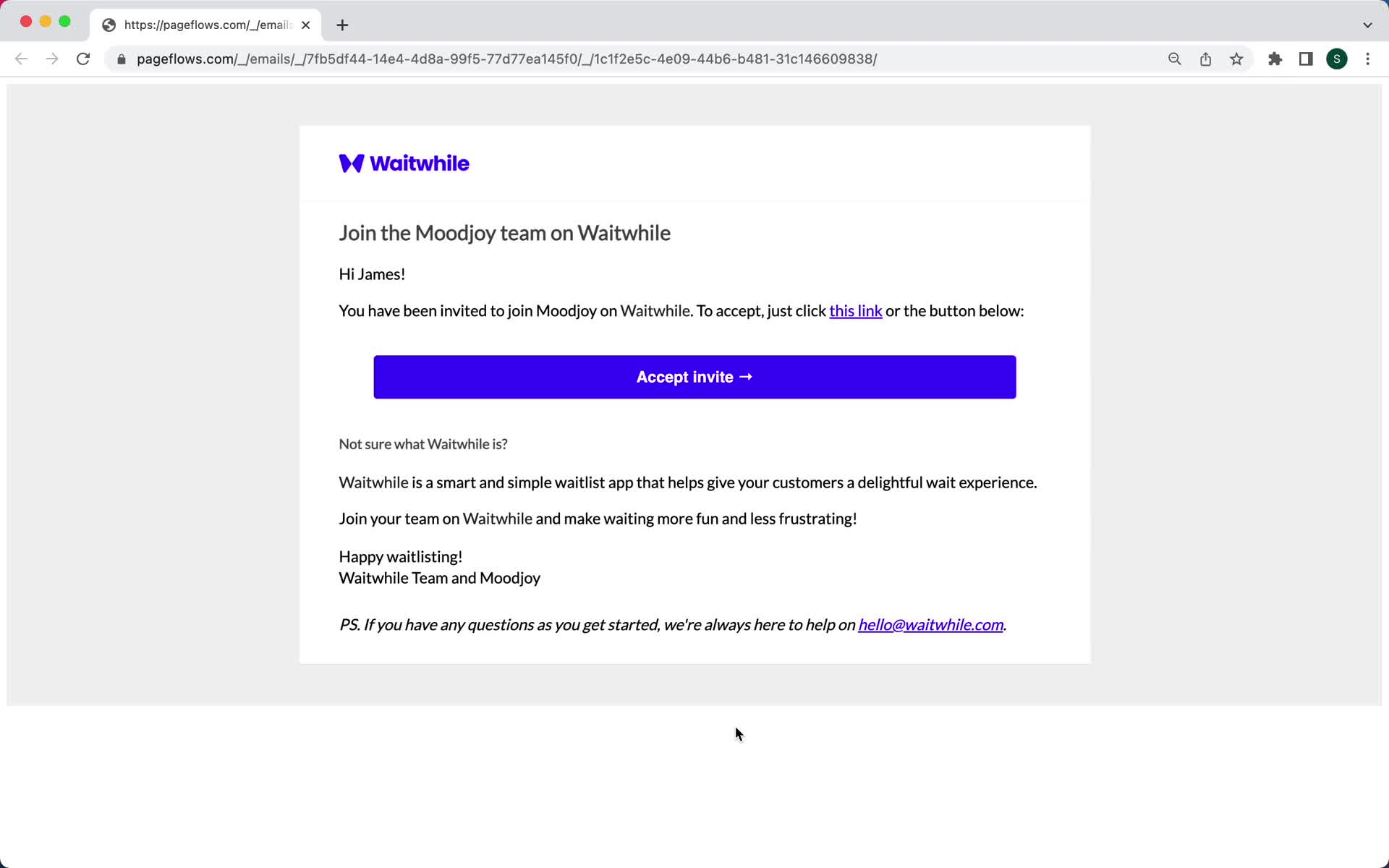 Waitwhile invite email screenshot