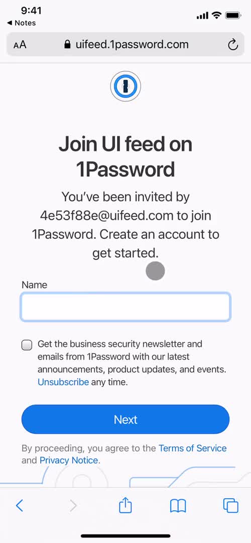 1Password sign up screenshot