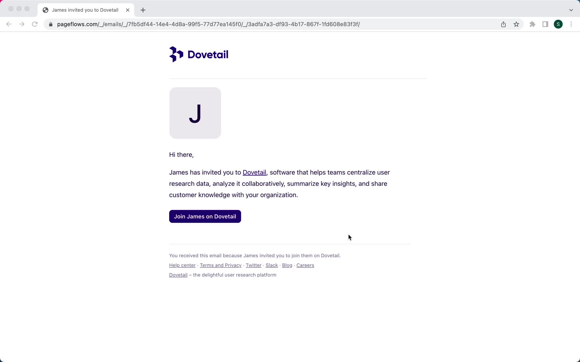 Dovetail invite email screenshot